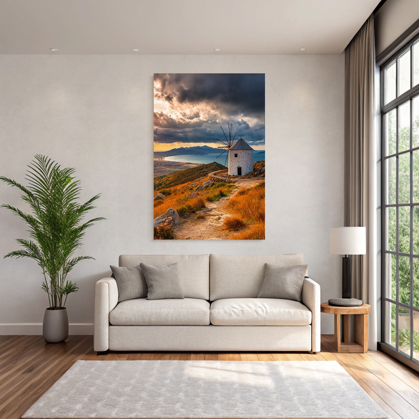 Malerische Landschaft Mit Windmühle Hügel Und Wasser Beim Sonnenuntergang