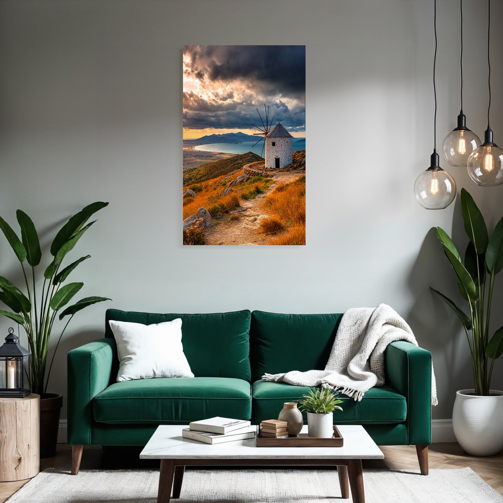 Malerische Landschaft Mit Windmühle Hügel Und Wasser Beim Sonnenuntergang
