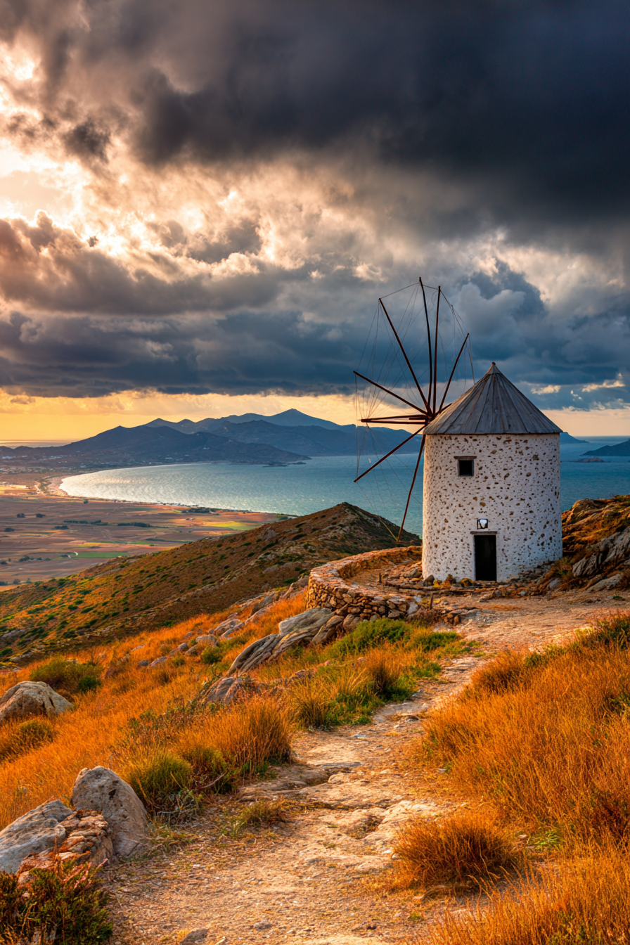 Malerische Landschaft Mit Windmühle Hügel Und Wasser Beim Sonnenuntergang | Windmuehlen Leuchttuerme Bruecken | Architektur