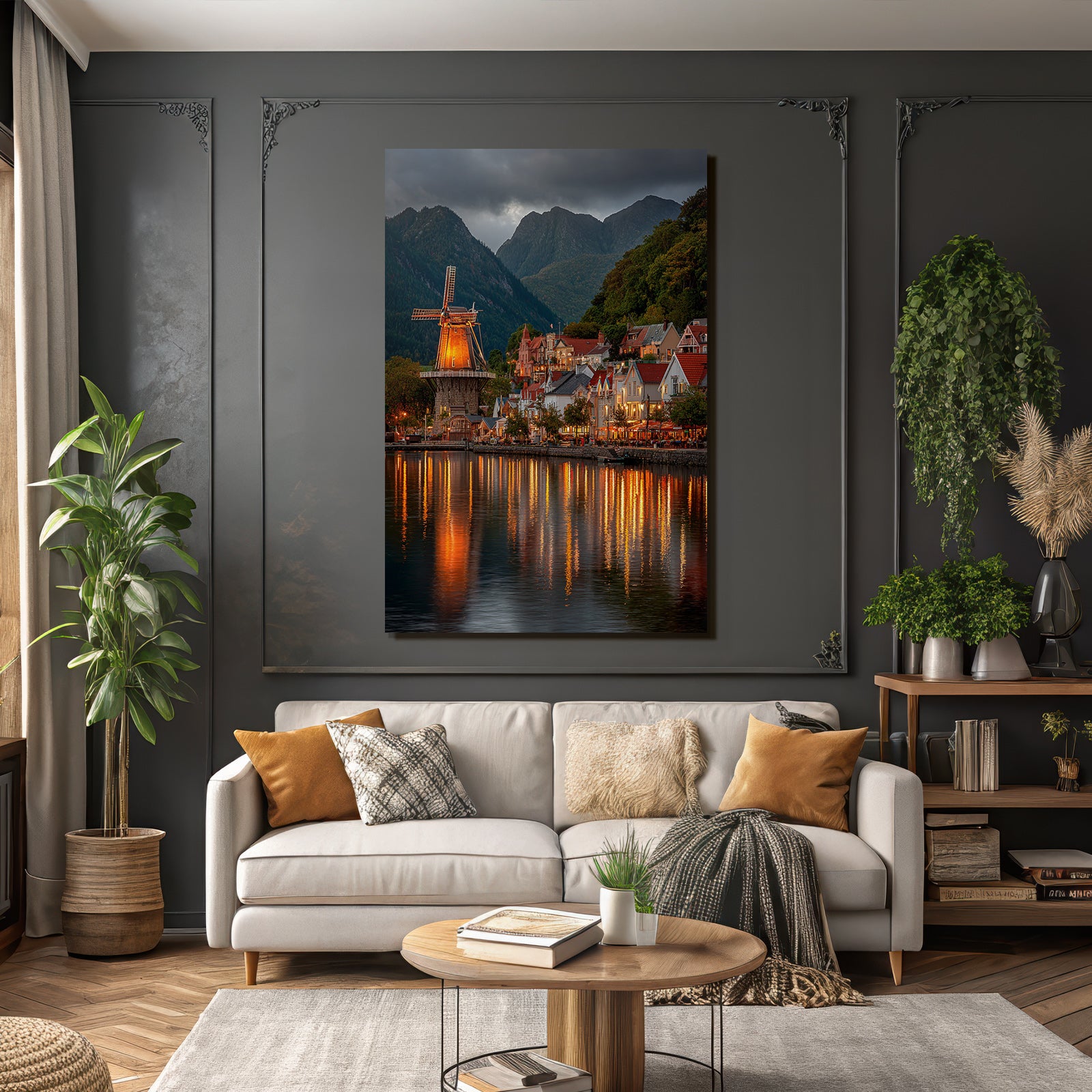 Malerische Wasserfront Haus Reihe Mühle Berge Twilight