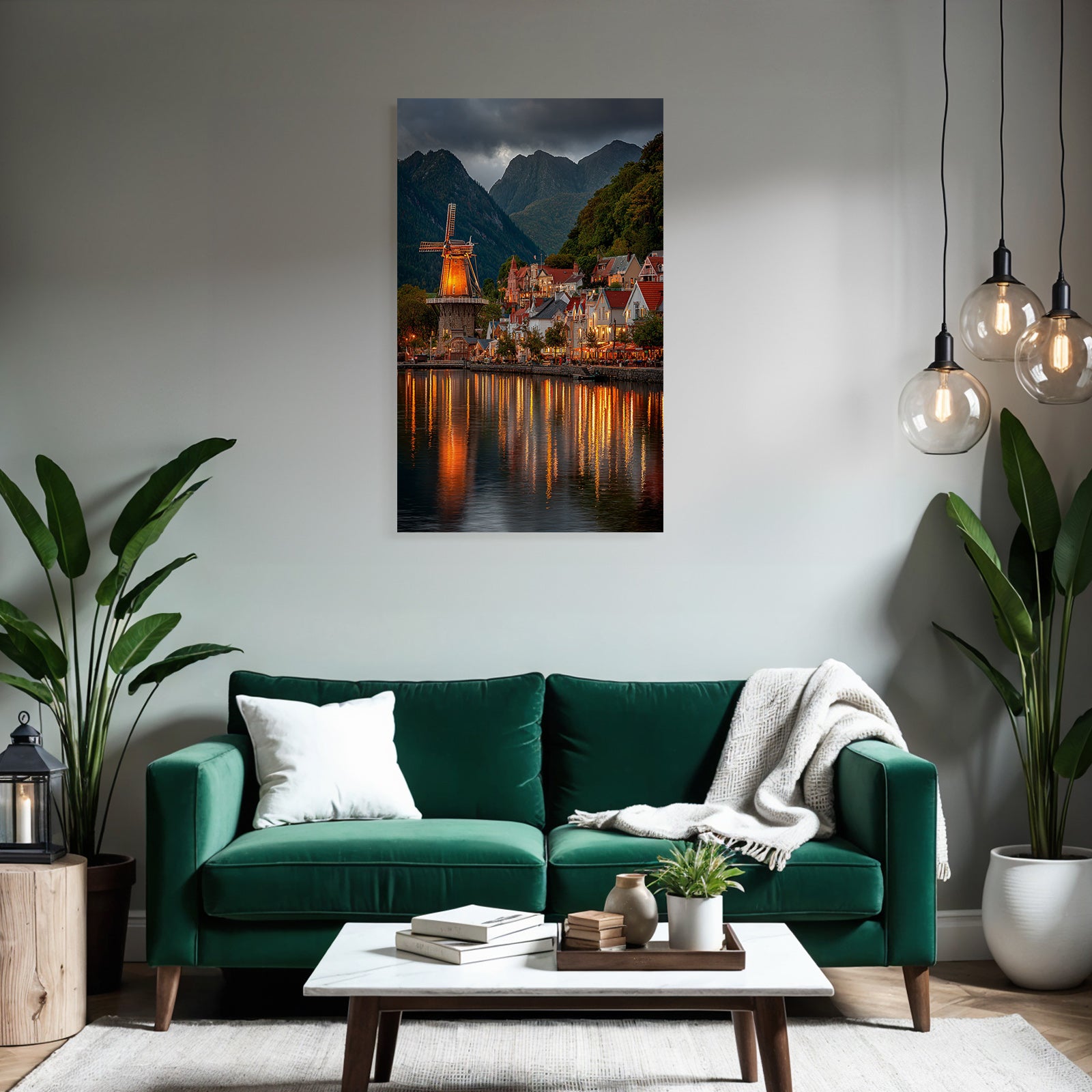 Malerische Wasserfront Haus Reihe Mühle Berge Twilight