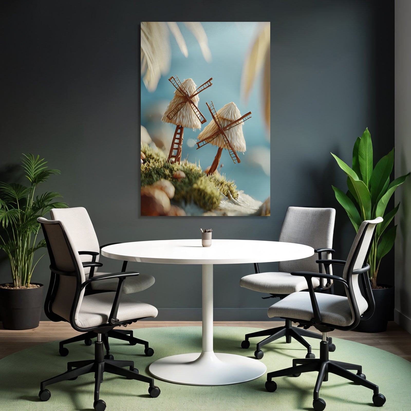Miniature Windmills In Lush Environment Near Water