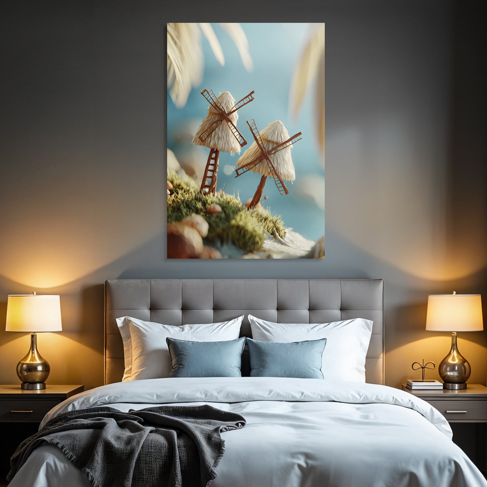 Miniature Windmills In Lush Environment Near Water