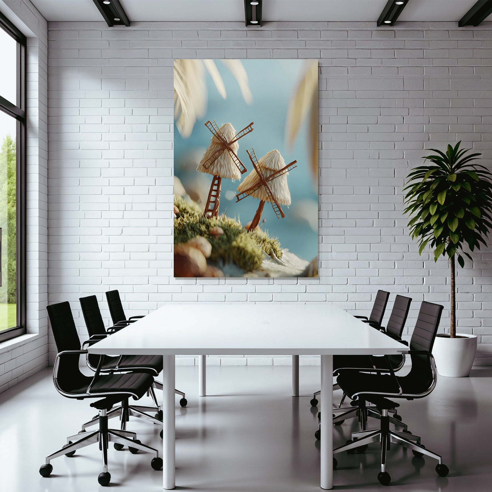 Miniature Windmills In Lush Environment Near Water