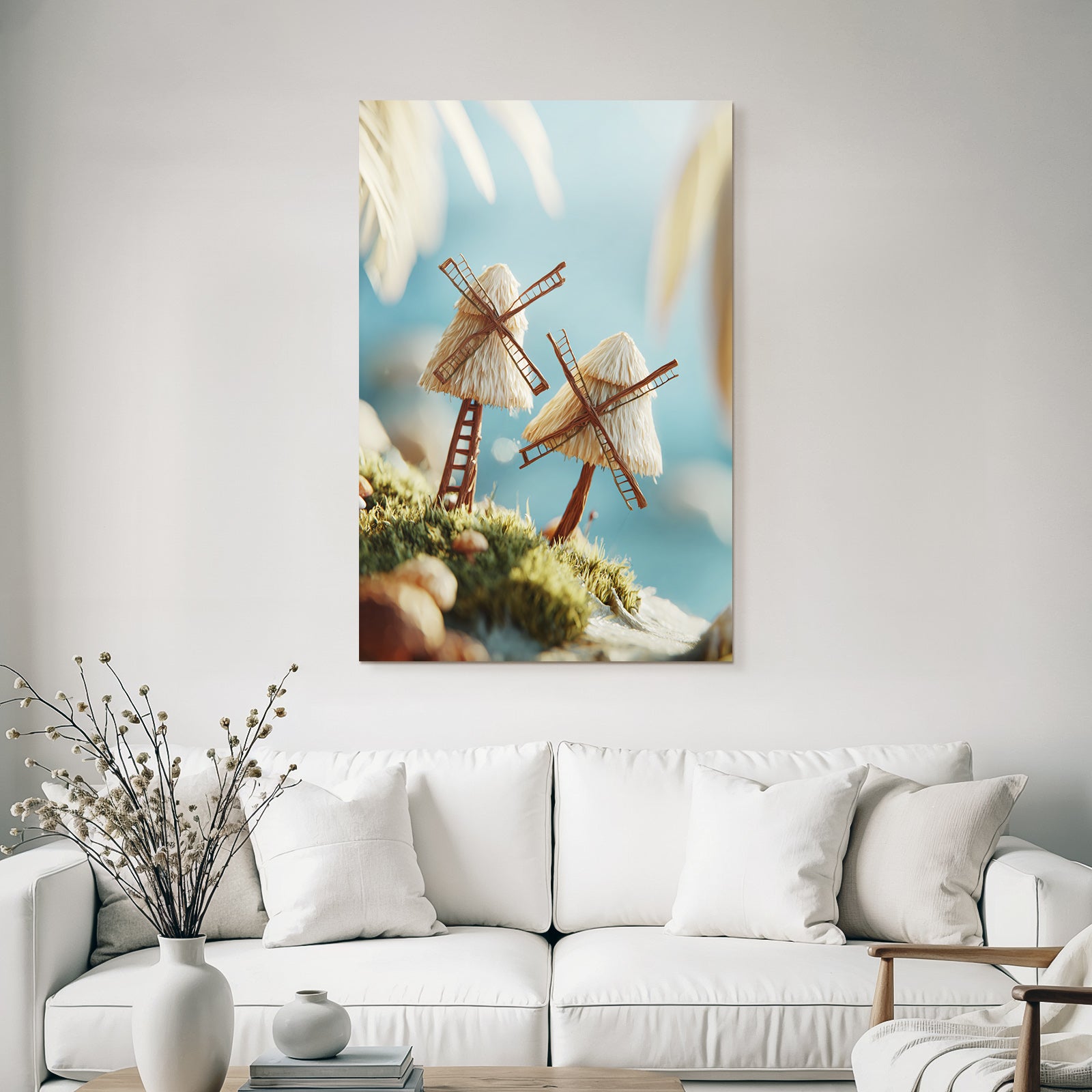 Miniature Windmills In Lush Environment Near Water