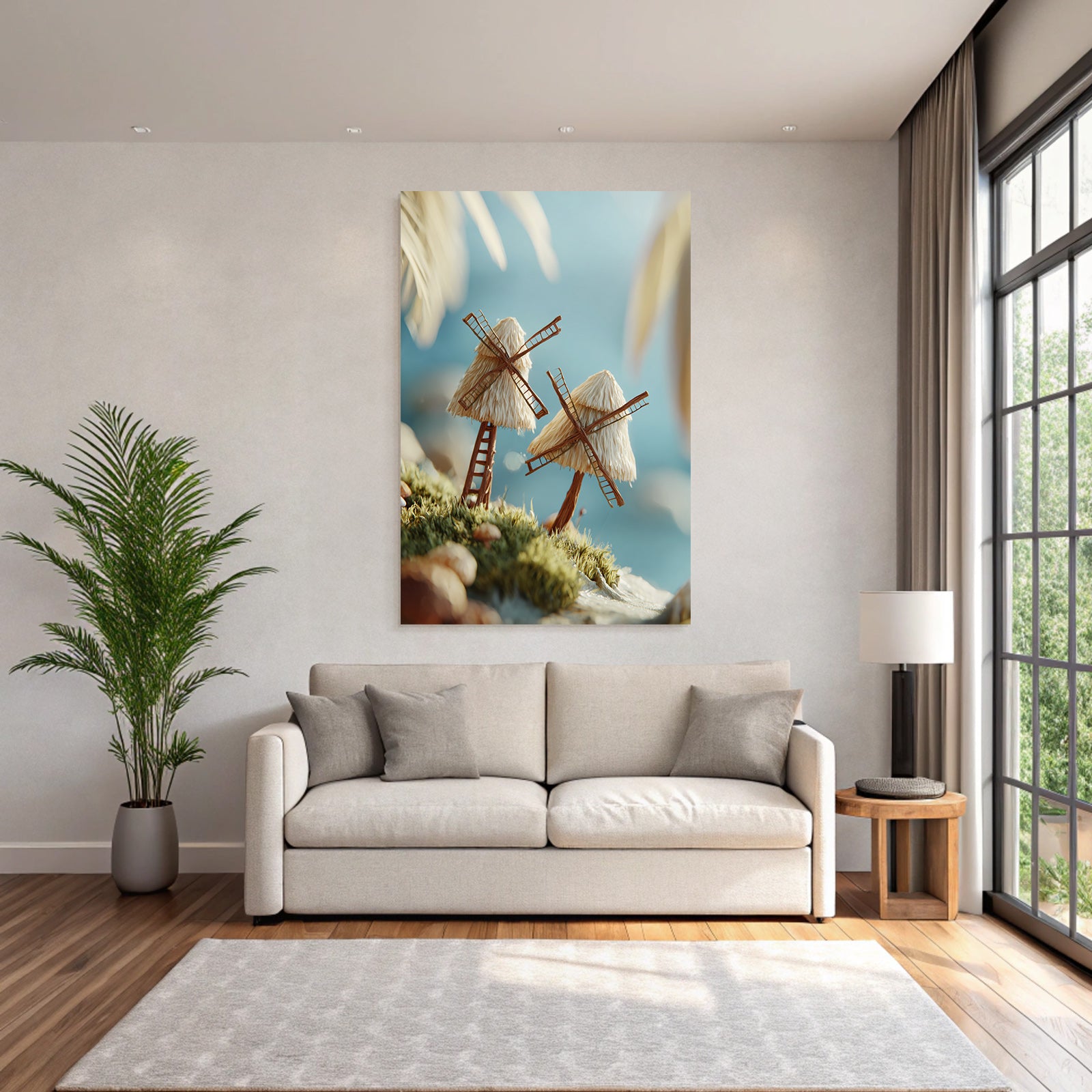 Miniature Windmills In Lush Environment Near Water