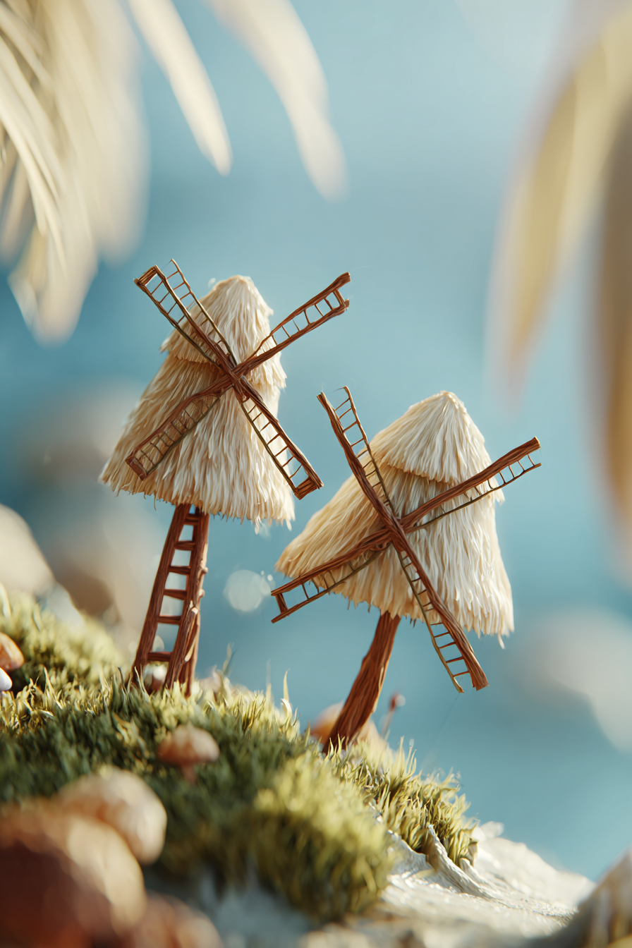 Miniature Windmills In Lush Environment Near Water | Windmuehlen Leuchttuerme Bruecken | Architektur