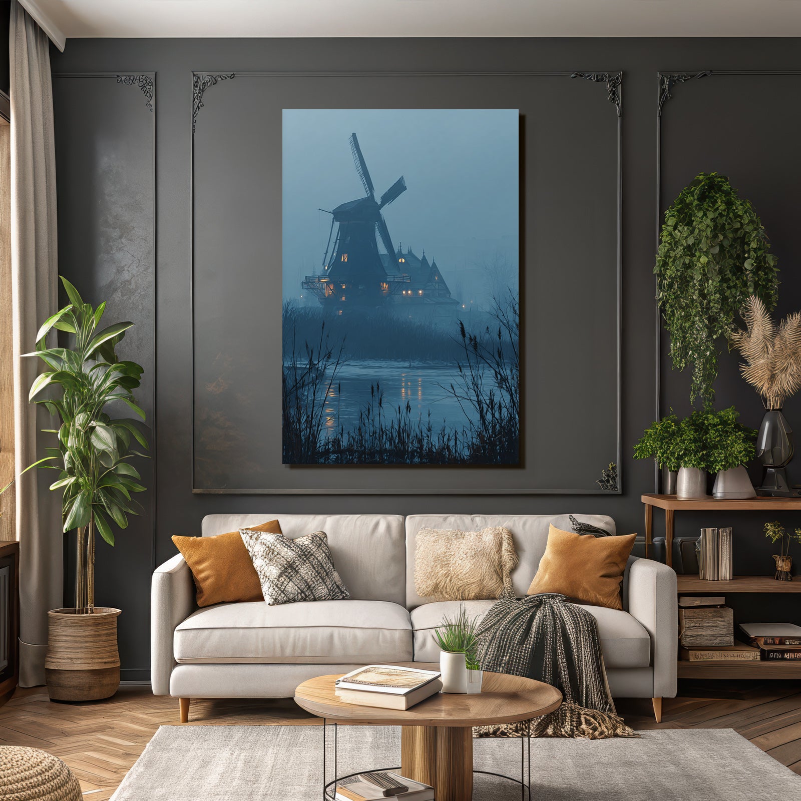 Mistige Landschaft Mühle Und Gebaude Reflexion Im Wasser
