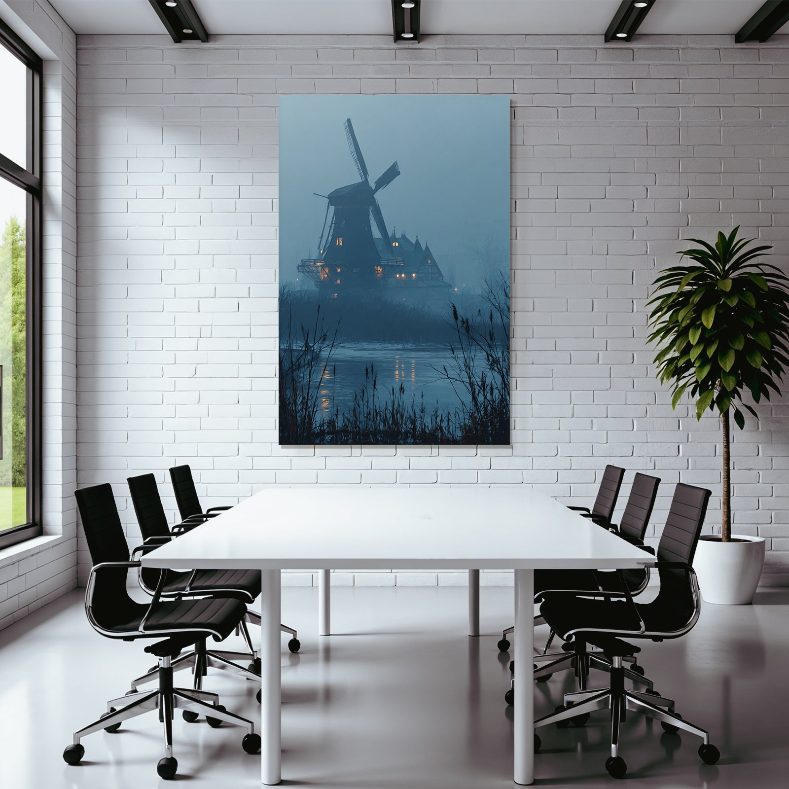 Mistige Landschaft Mühle Und Gebaude Reflexion Im Wasser