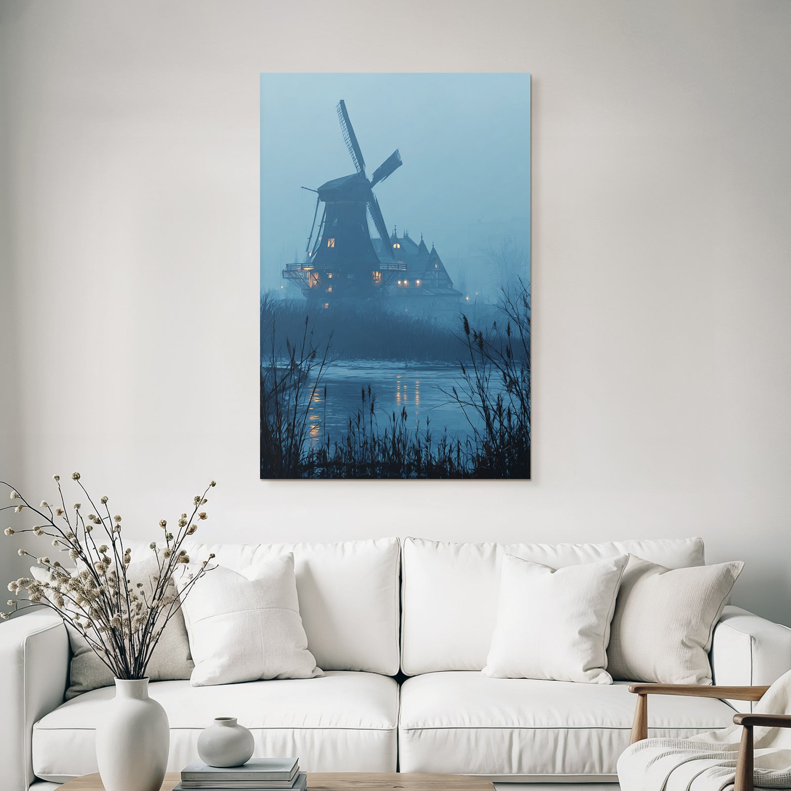 Mistige Landschaft Mühle Und Gebaude Reflexion Im Wasser