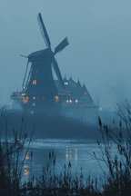 Mistige Landschaft Mühle Und Gebaude Reflexion Im Wasser | Windmuehlen Leuchttuerme Bruecken | Architektur