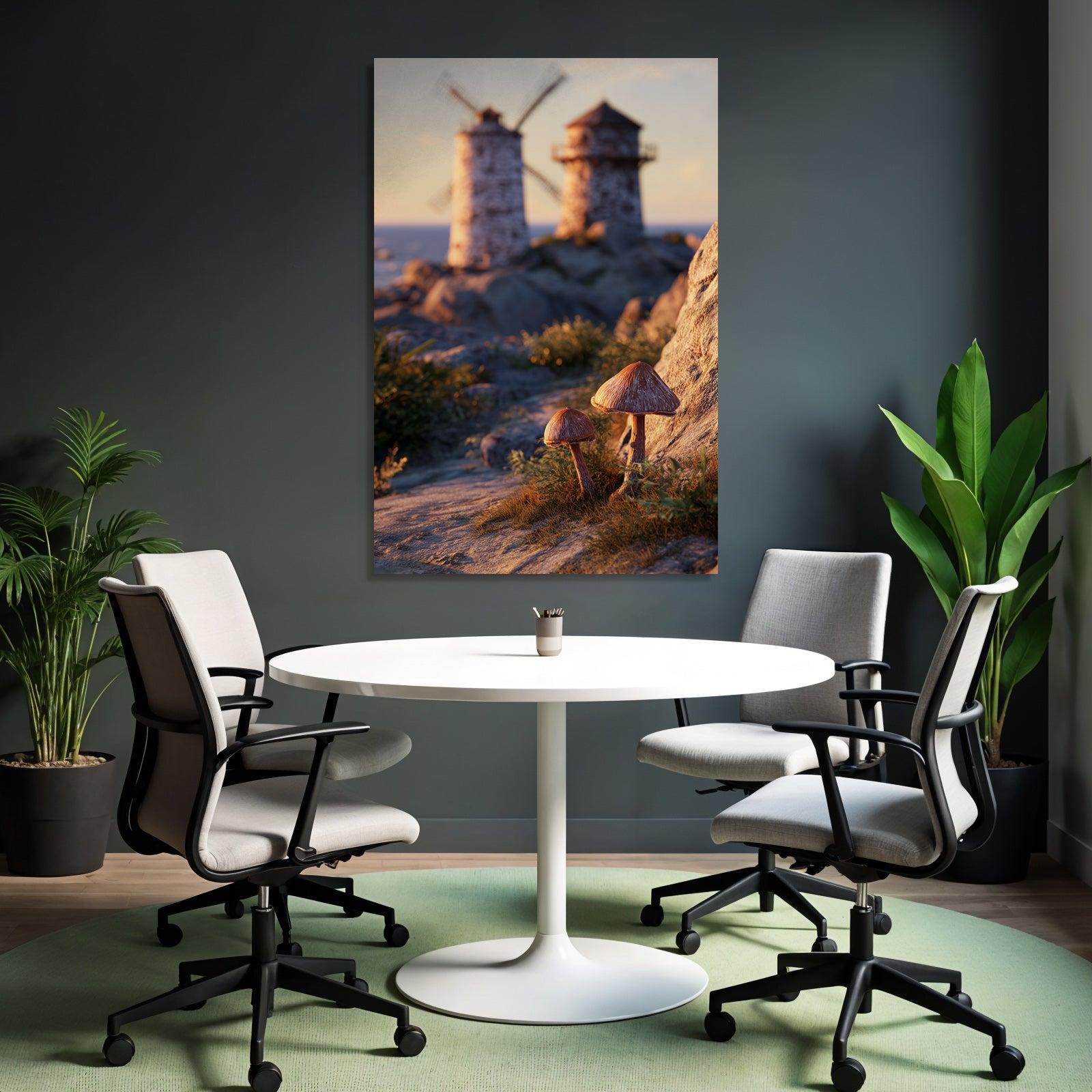Ruhige Landschaft Mit Windmühlen Und Pilzen Beim Sonnenaufgang
