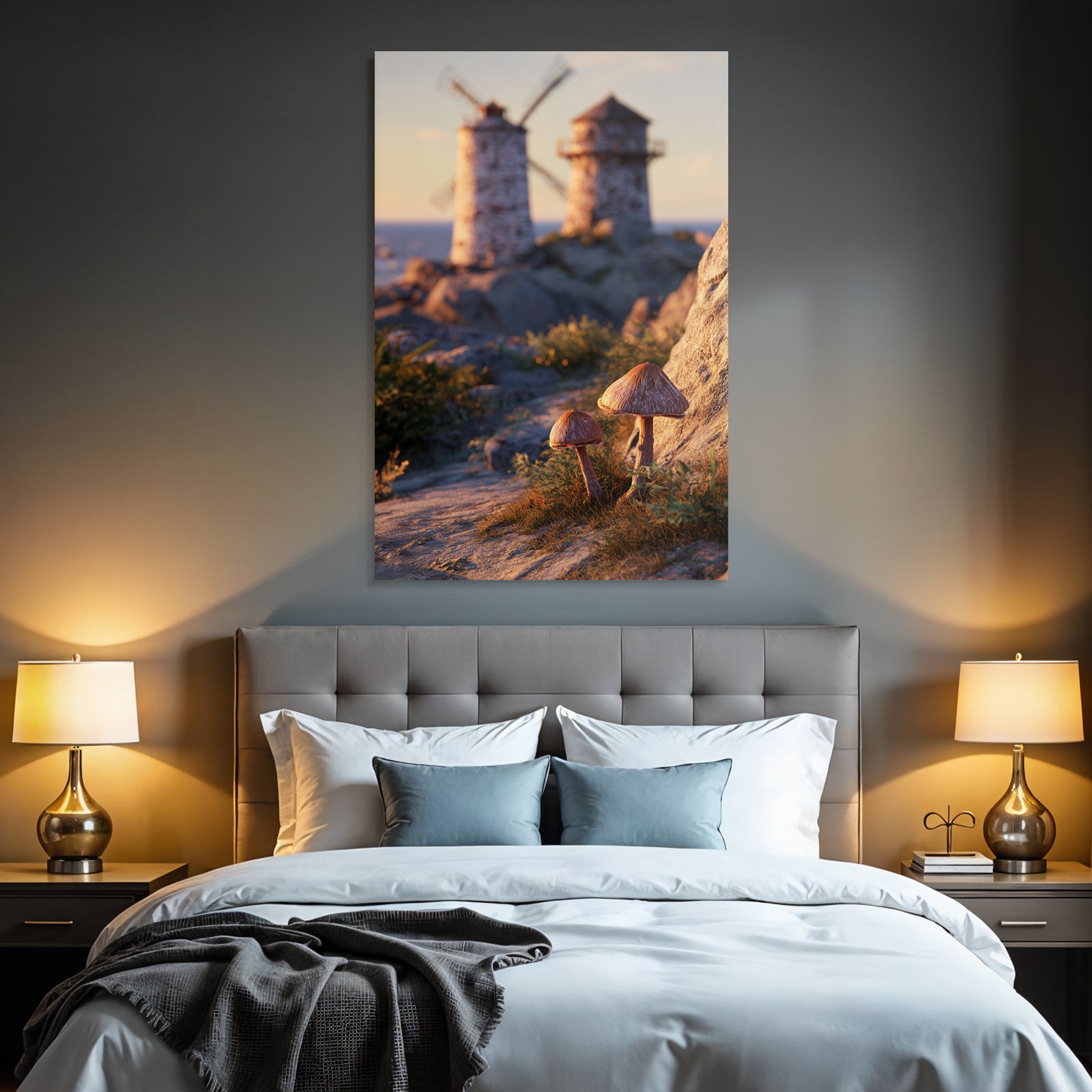 Ruhige Landschaft Mit Windmühlen Und Pilzen Beim Sonnenaufgang