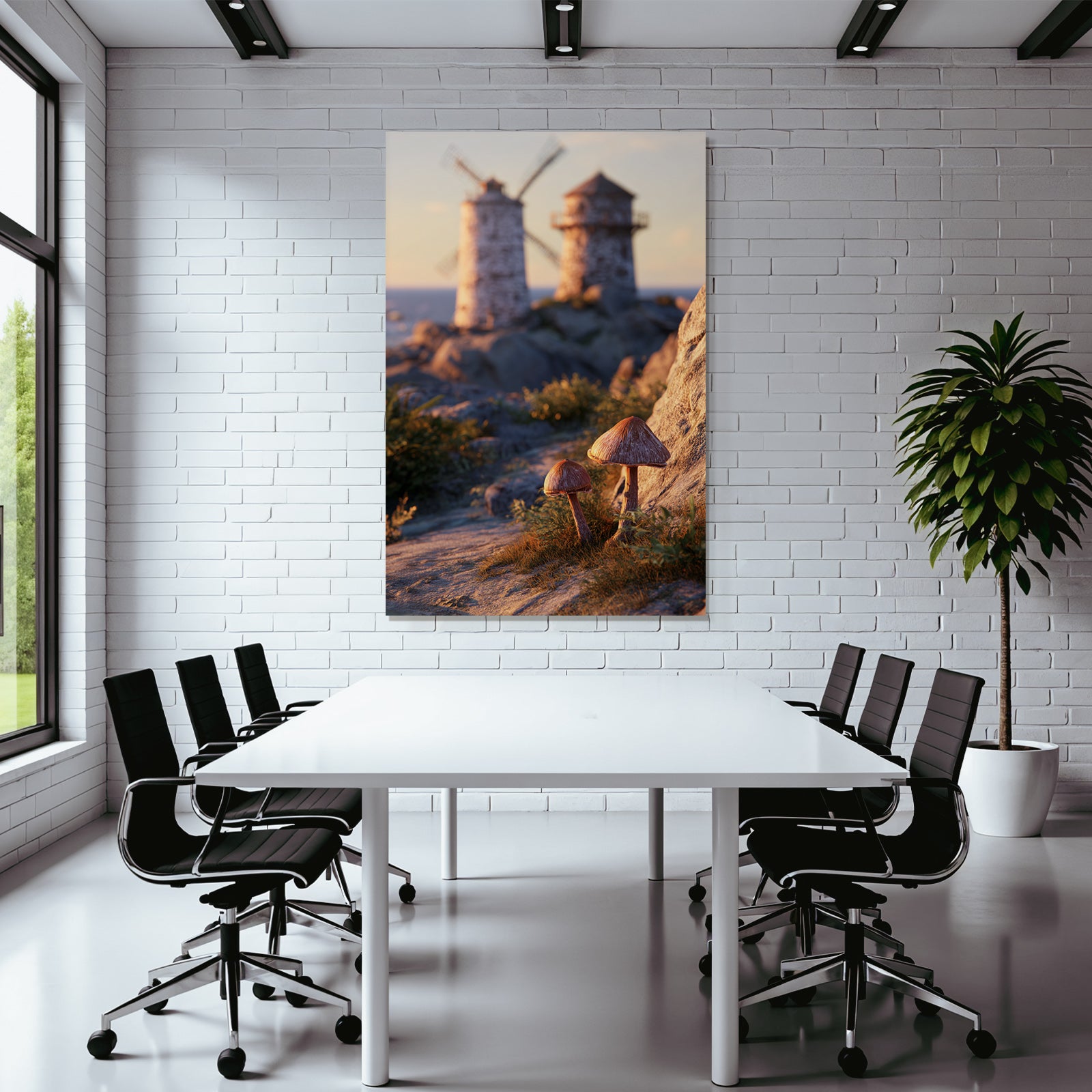 Ruhige Landschaft Mit Windmühlen Und Pilzen Beim Sonnenaufgang