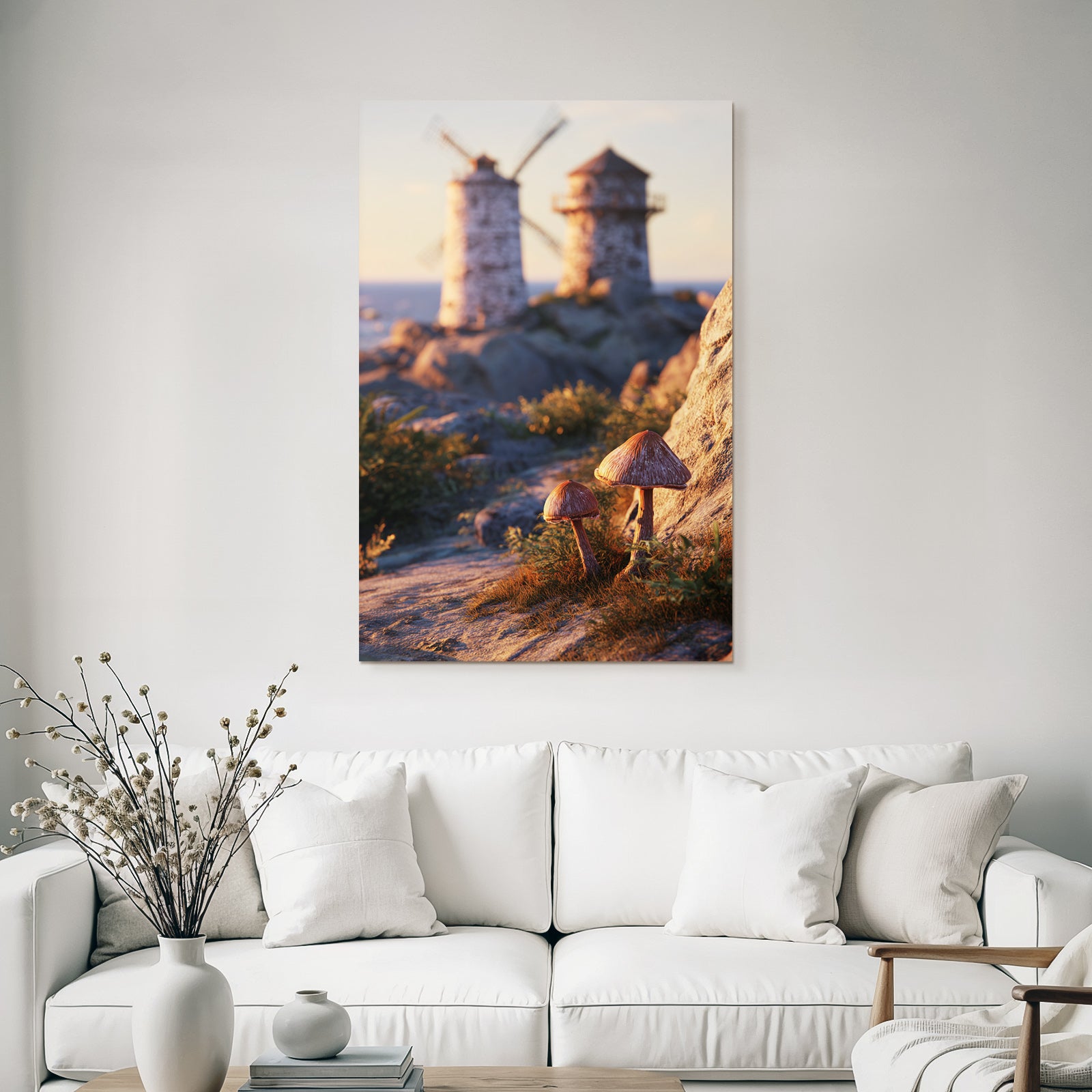 Ruhige Landschaft Mit Windmühlen Und Pilzen Beim Sonnenaufgang