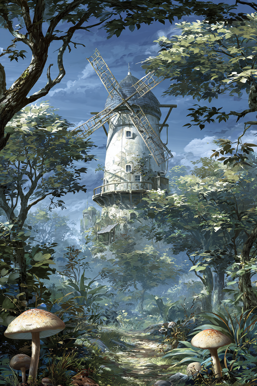Ruhiger Wald Mit Windmühle Von Vinen Bewachsenen Bäumen | Windmuehlen Leuchttuerme Bruecken | Architektur