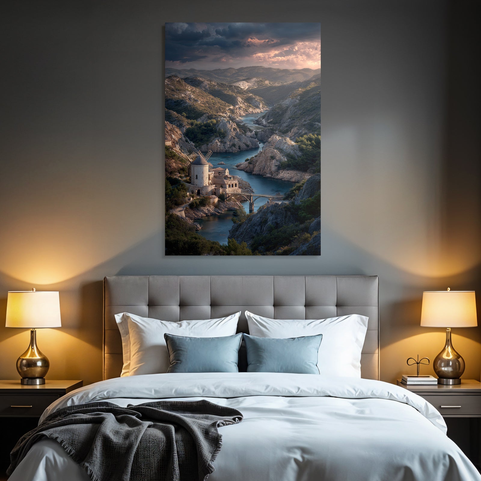 Sanfte Landschaft Fluss Mühle Steinbauten Brücke Dramatischer Himmel