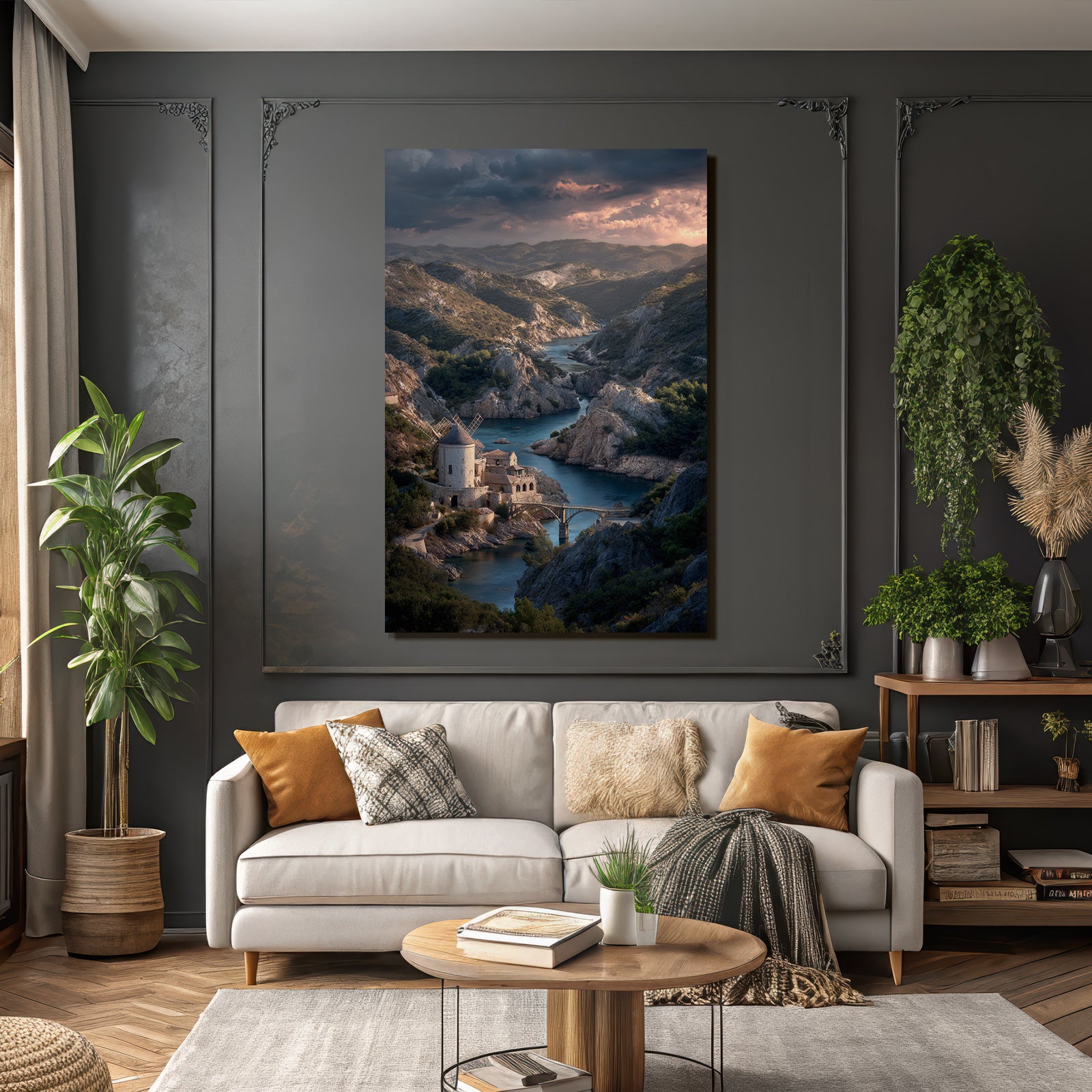 Sanfte Landschaft Fluss Mühle Steinbauten Brücke Dramatischer Himmel