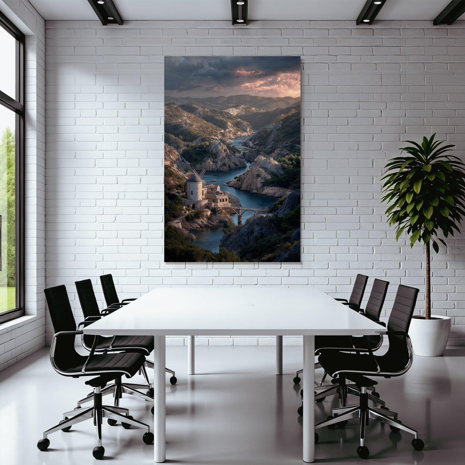 Sanfte Landschaft Fluss Mühle Steinbauten Brücke Dramatischer Himmel