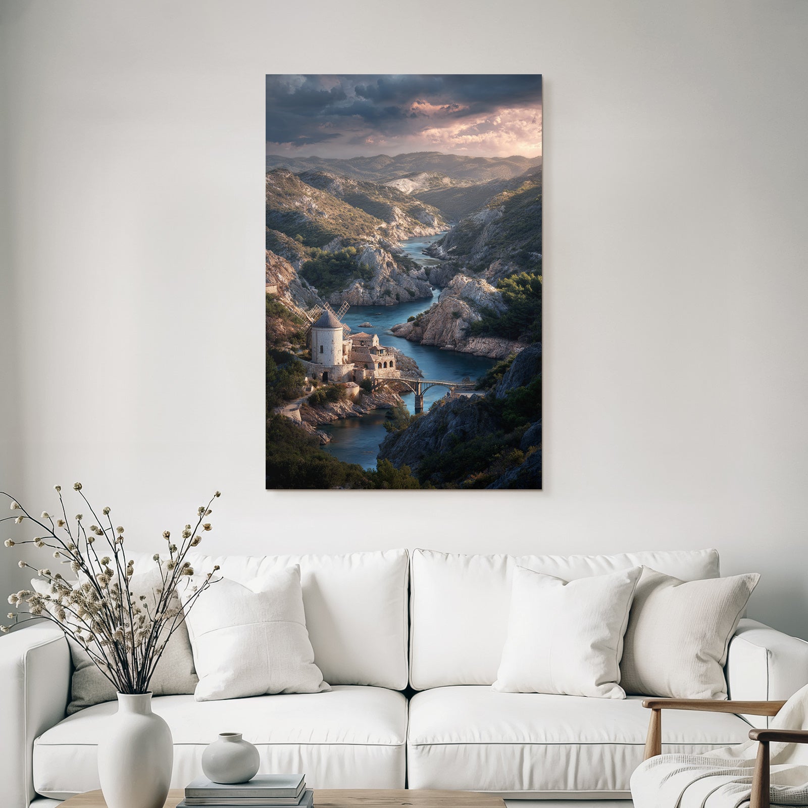 Sanfte Landschaft Fluss Mühle Steinbauten Brücke Dramatischer Himmel