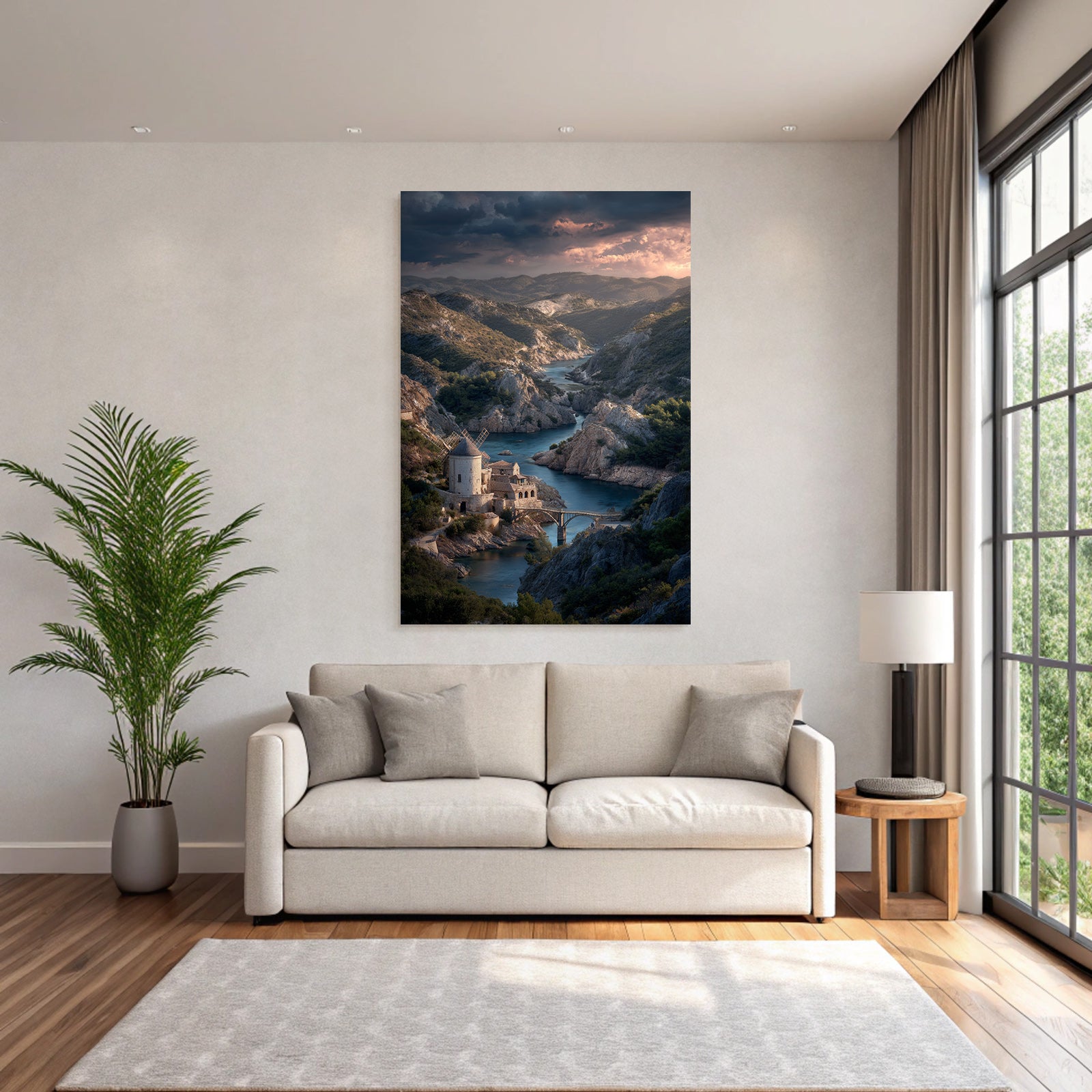 Sanfte Landschaft Fluss Mühle Steinbauten Brücke Dramatischer Himmel