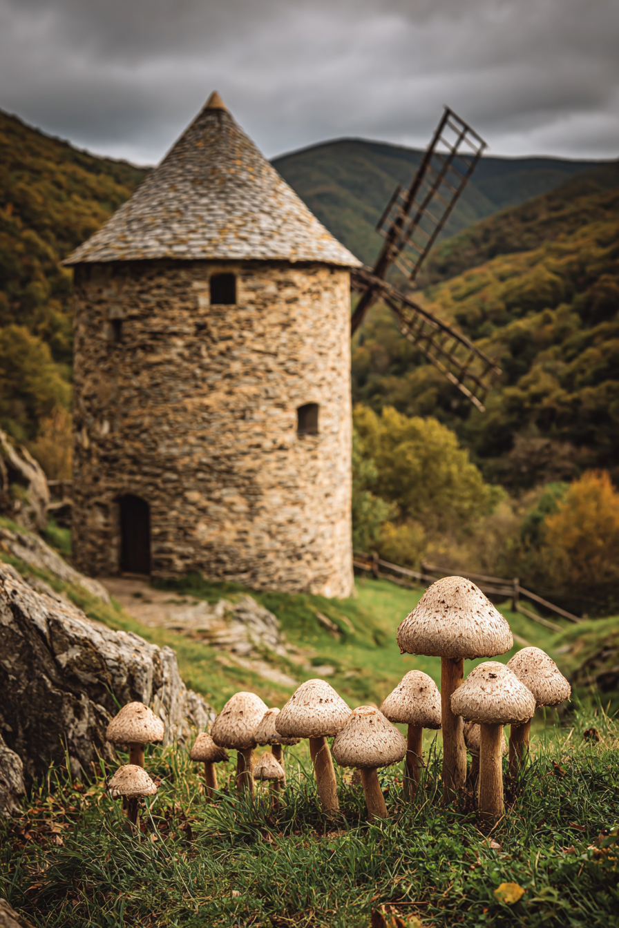 Steinerne Windmühle Grüne Höhen Mushrooms Natur Szenen | Windmuehlen Leuchttuerme Bruecken | Architektur