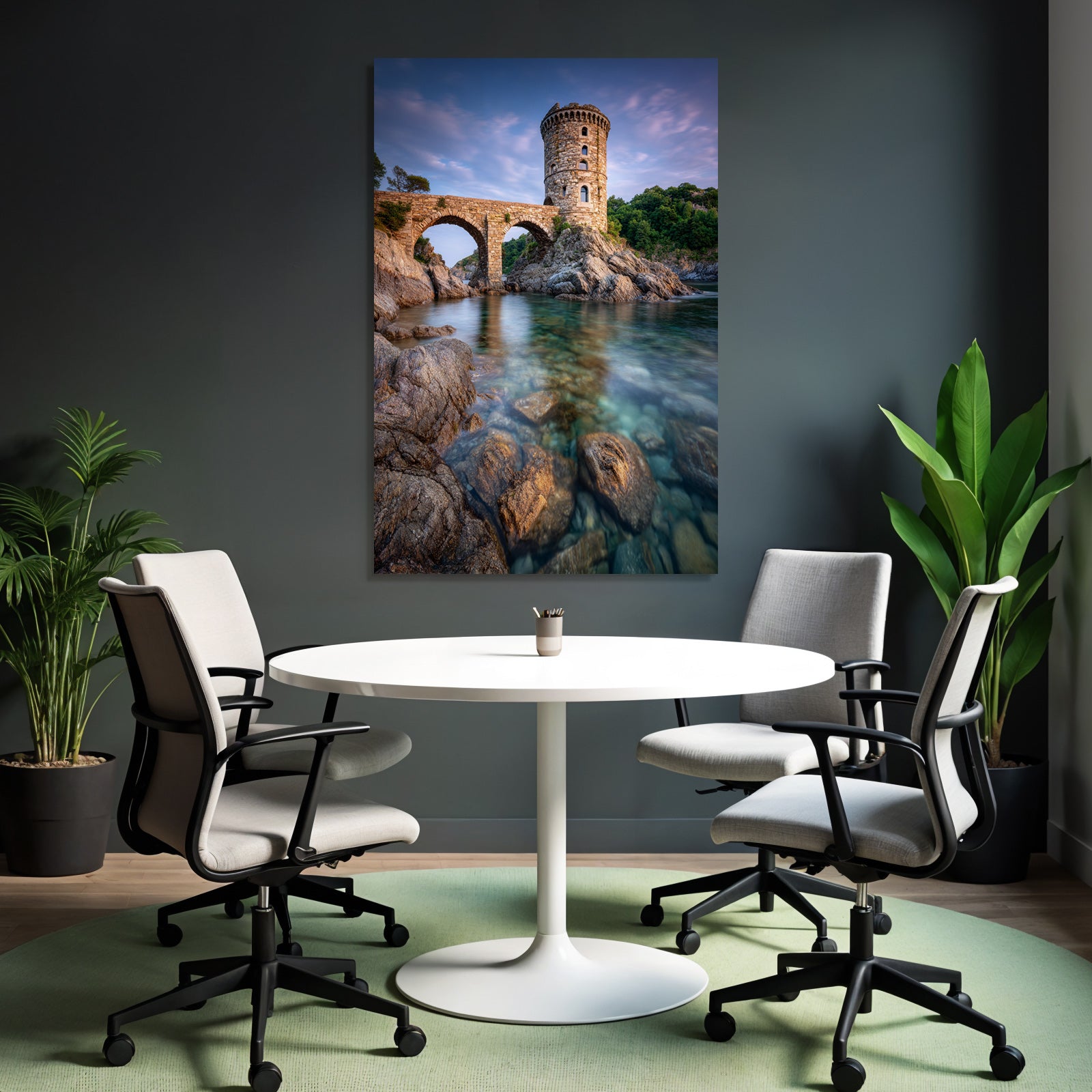 Steinturm Und Bogenbrücke Am Wasser Im Tranquilen Natursetting