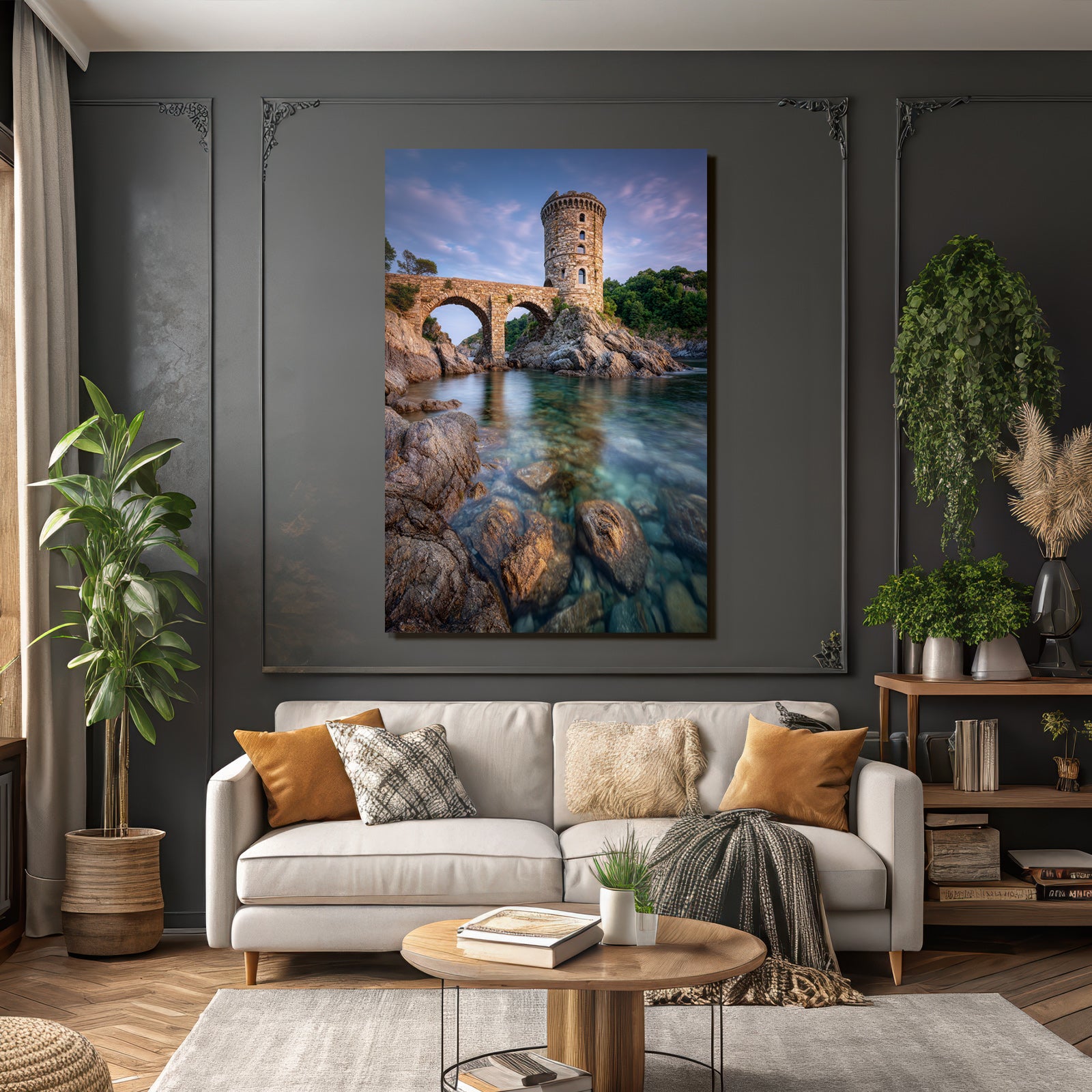 Steinturm Und Bogenbrücke Am Wasser Im Tranquilen Natursetting