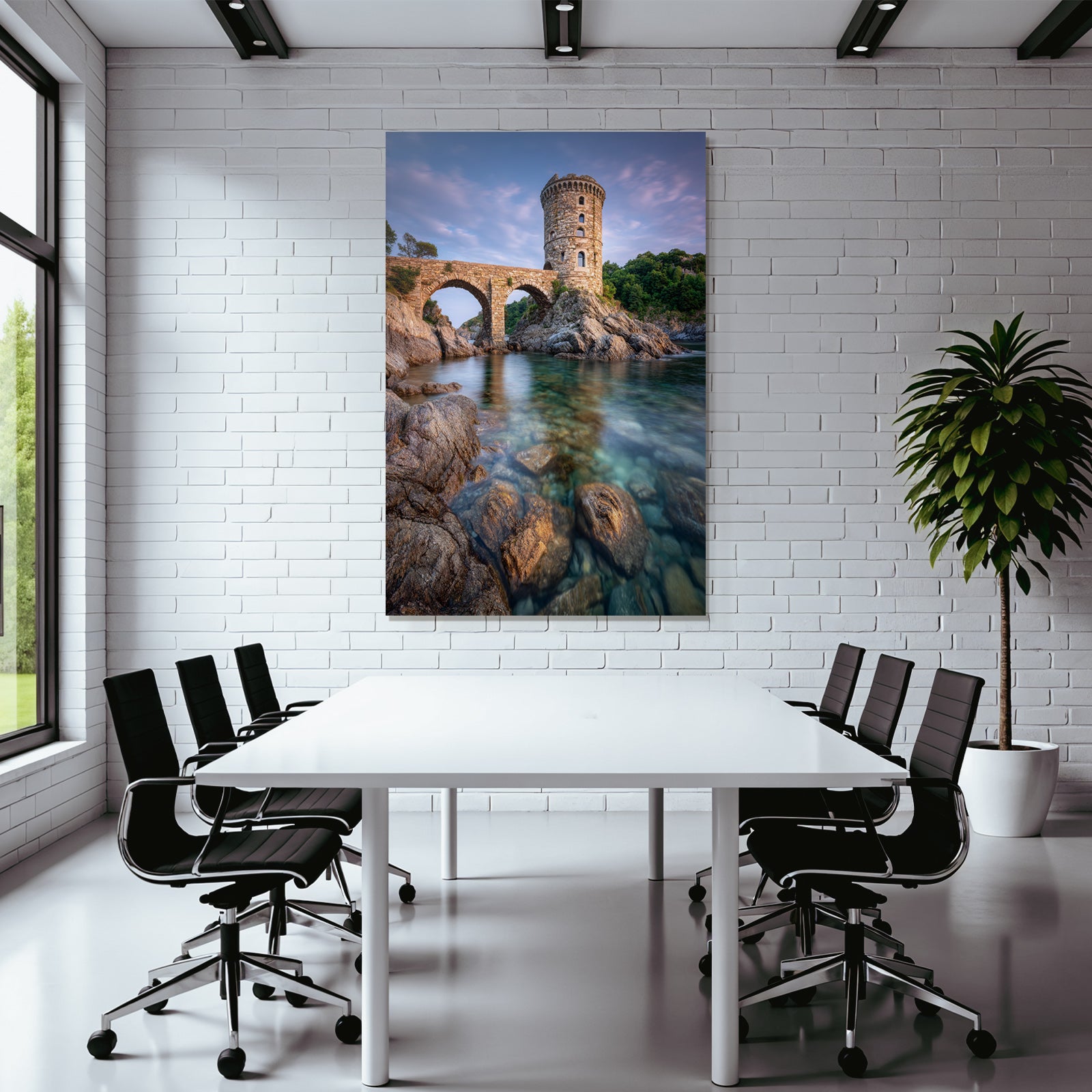 Steinturm Und Bogenbrücke Am Wasser Im Tranquilen Natursetting