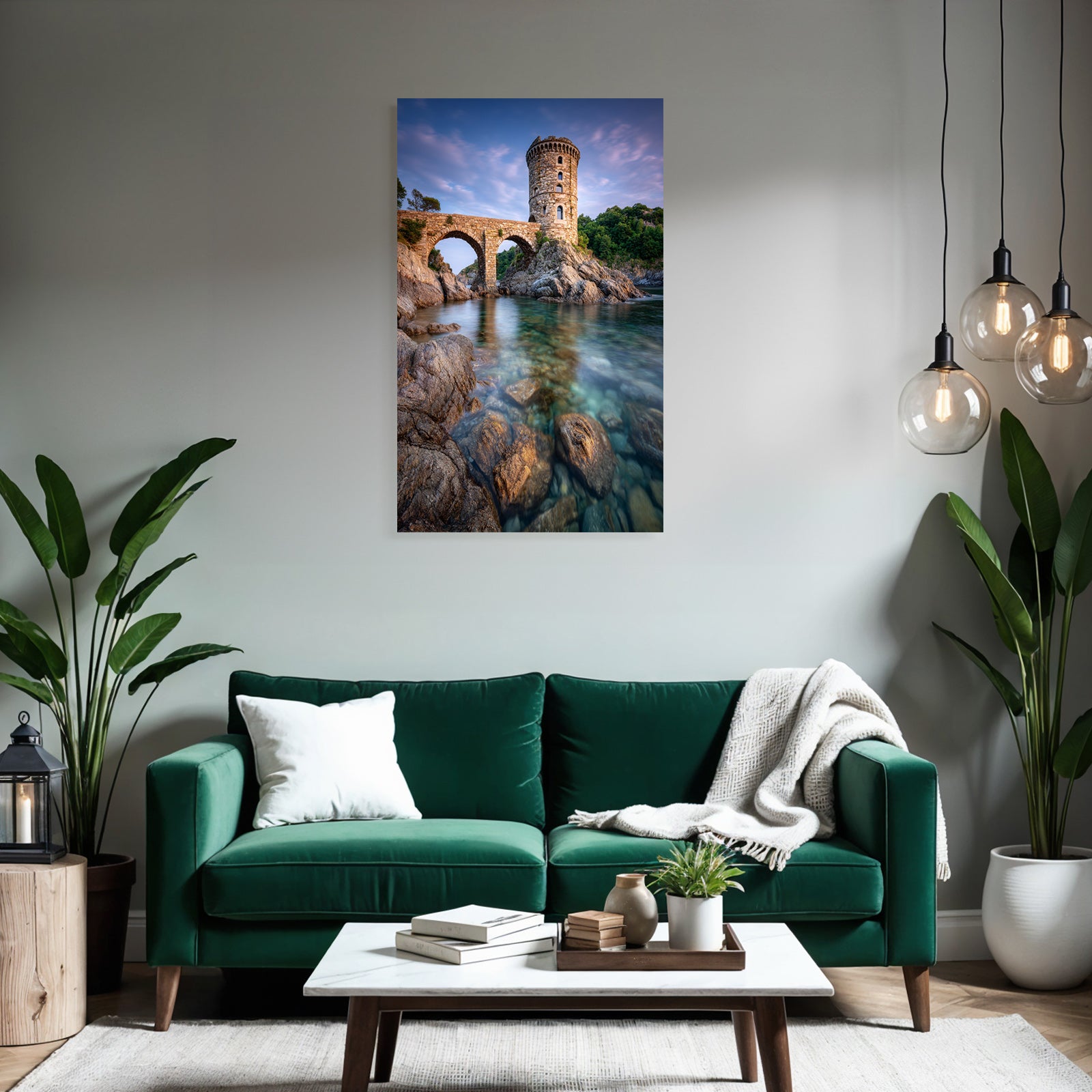 Steinturm Und Bogenbrücke Am Wasser Im Tranquilen Natursetting