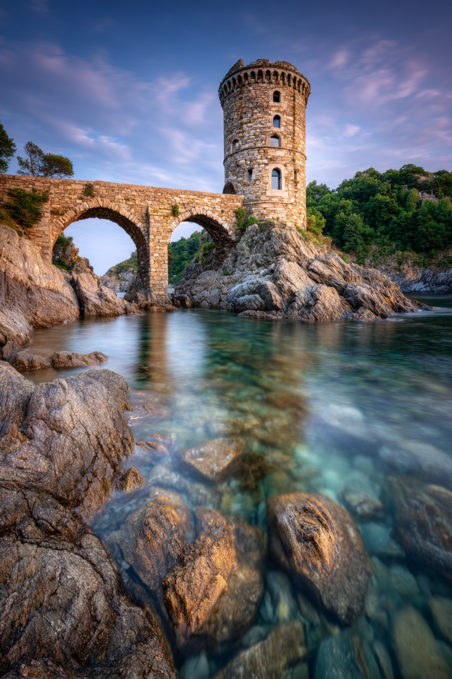 Steinturm Und Bogenbrücke Am Wasser Im Tranquilen Natursetting | Windmuehlen Leuchttuerme Bruecken | Architektur
