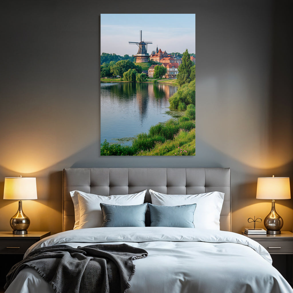 Traditionelle Windmühle Umgeben Von Grünen Häusern Und Wasserlandschaft