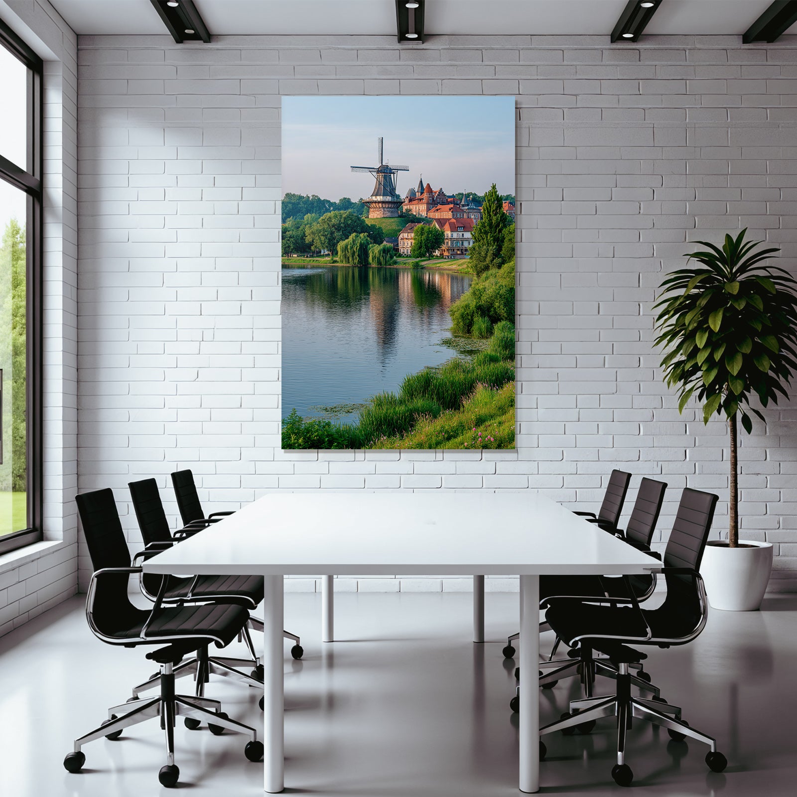 Traditionelle Windmühle Umgeben Von Grünen Häusern Und Wasserlandschaft