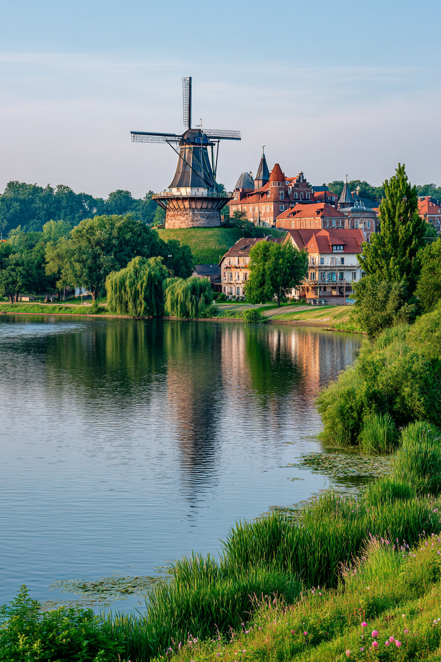 Traditionelle Windmühle Umgeben Von Grünen Häusern Und Wasserlandschaft | Windmuehlen Leuchttuerme Bruecken | Architektur