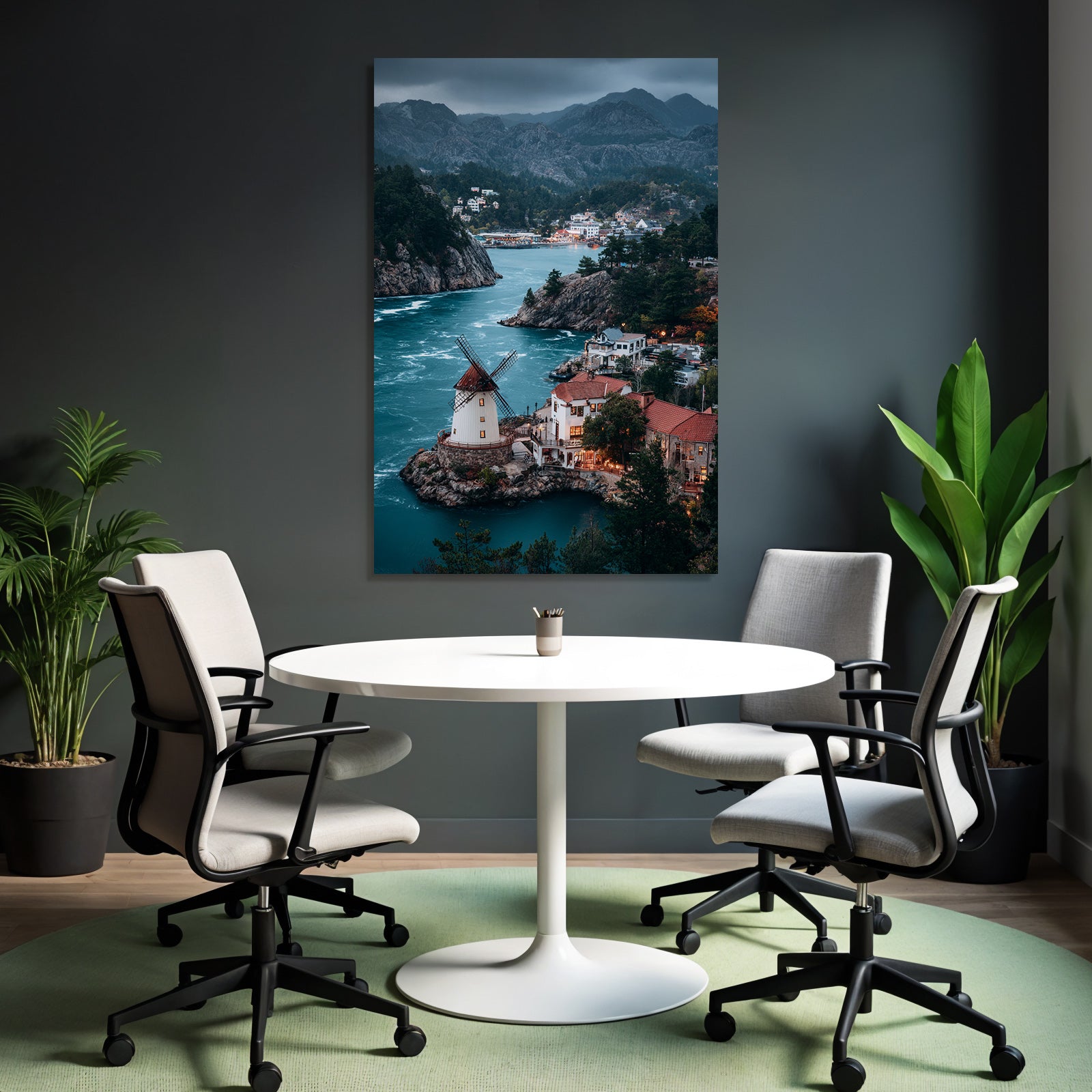 Windmühle Auf Steinigem Hügel Am Fluss Umgeben Von Bäumen Und Gebaüden Mountain View