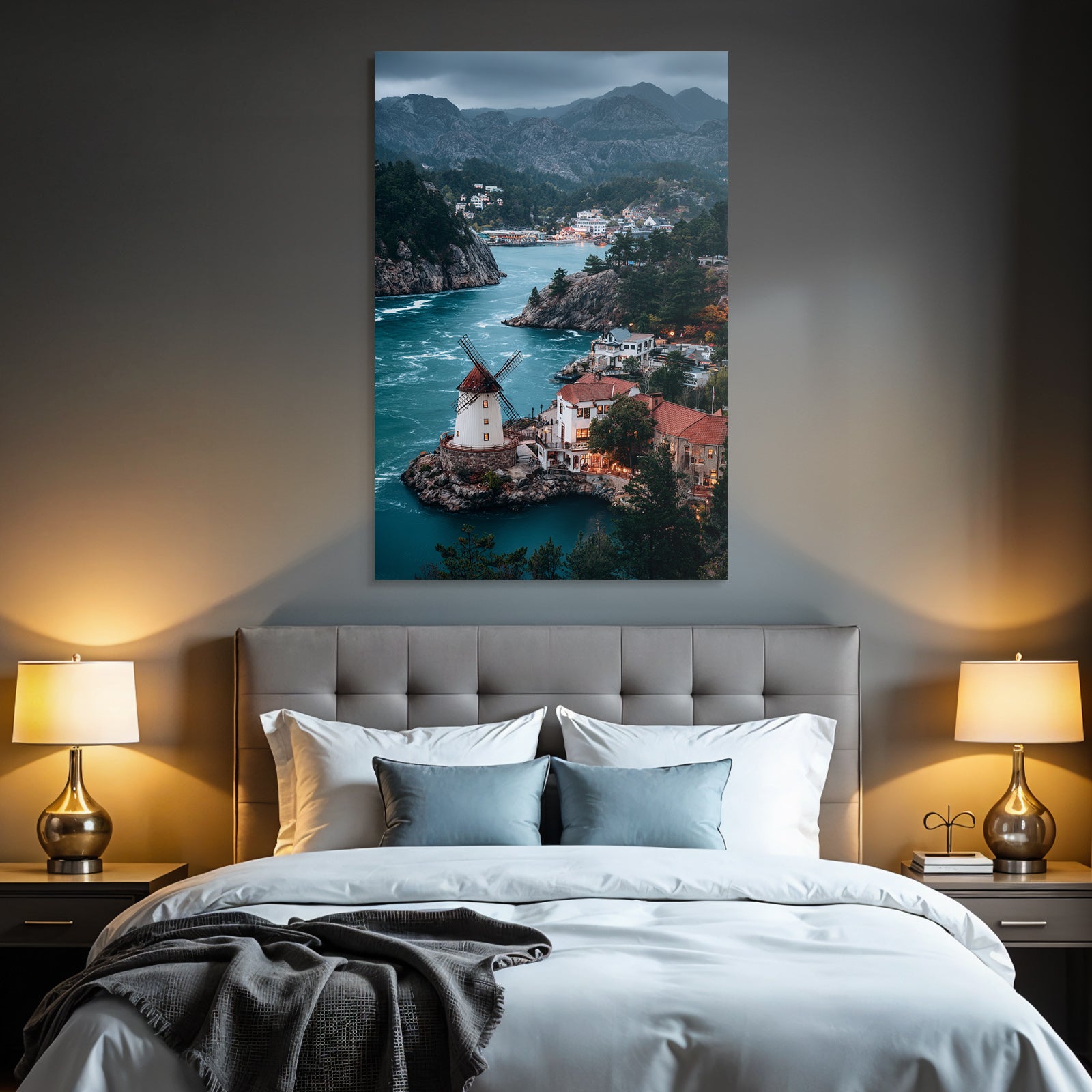 Windmühle Auf Steinigem Hügel Am Fluss Umgeben Von Bäumen Und Gebaüden Mountain View