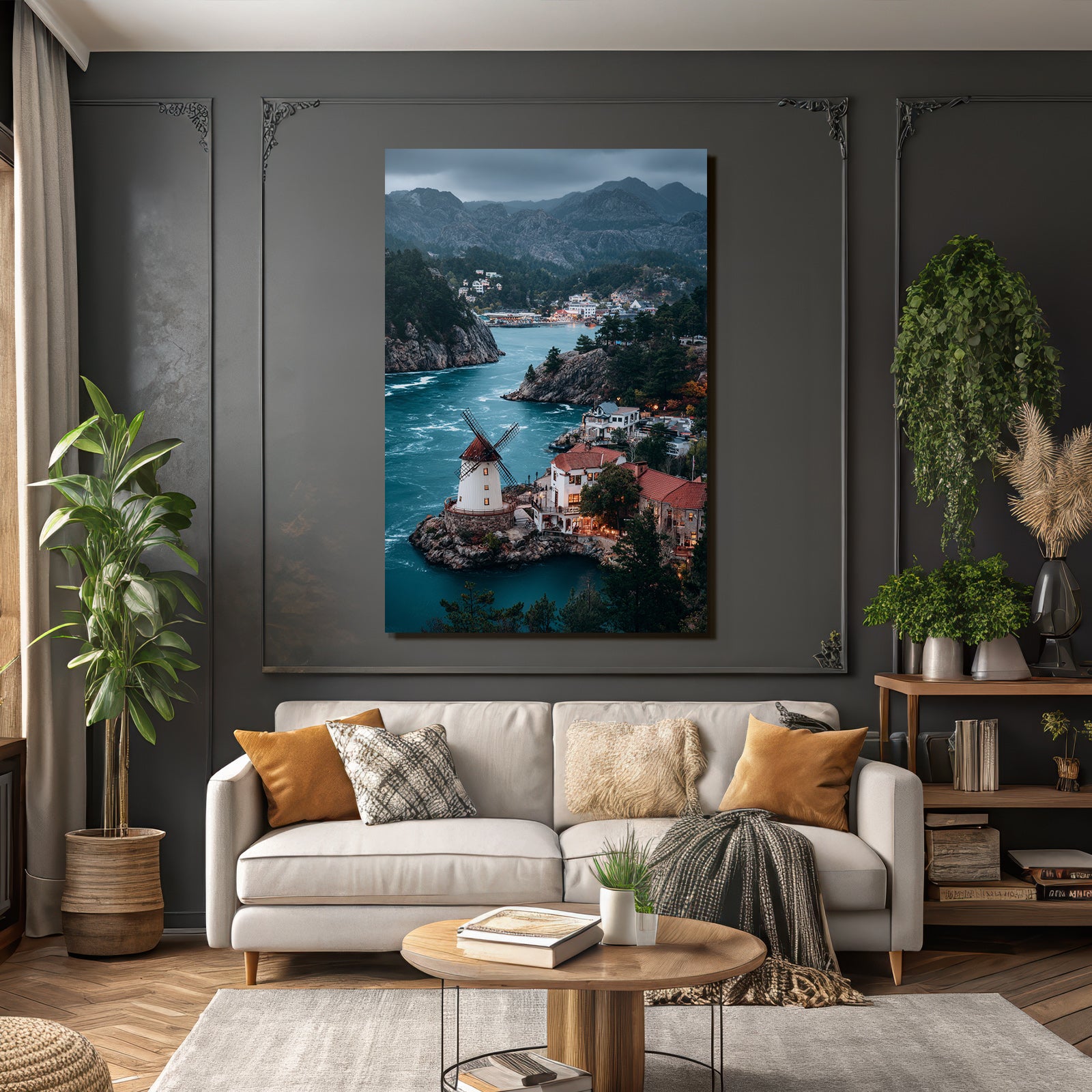 Windmühle Auf Steinigem Hügel Am Fluss Umgeben Von Bäumen Und Gebaüden Mountain View