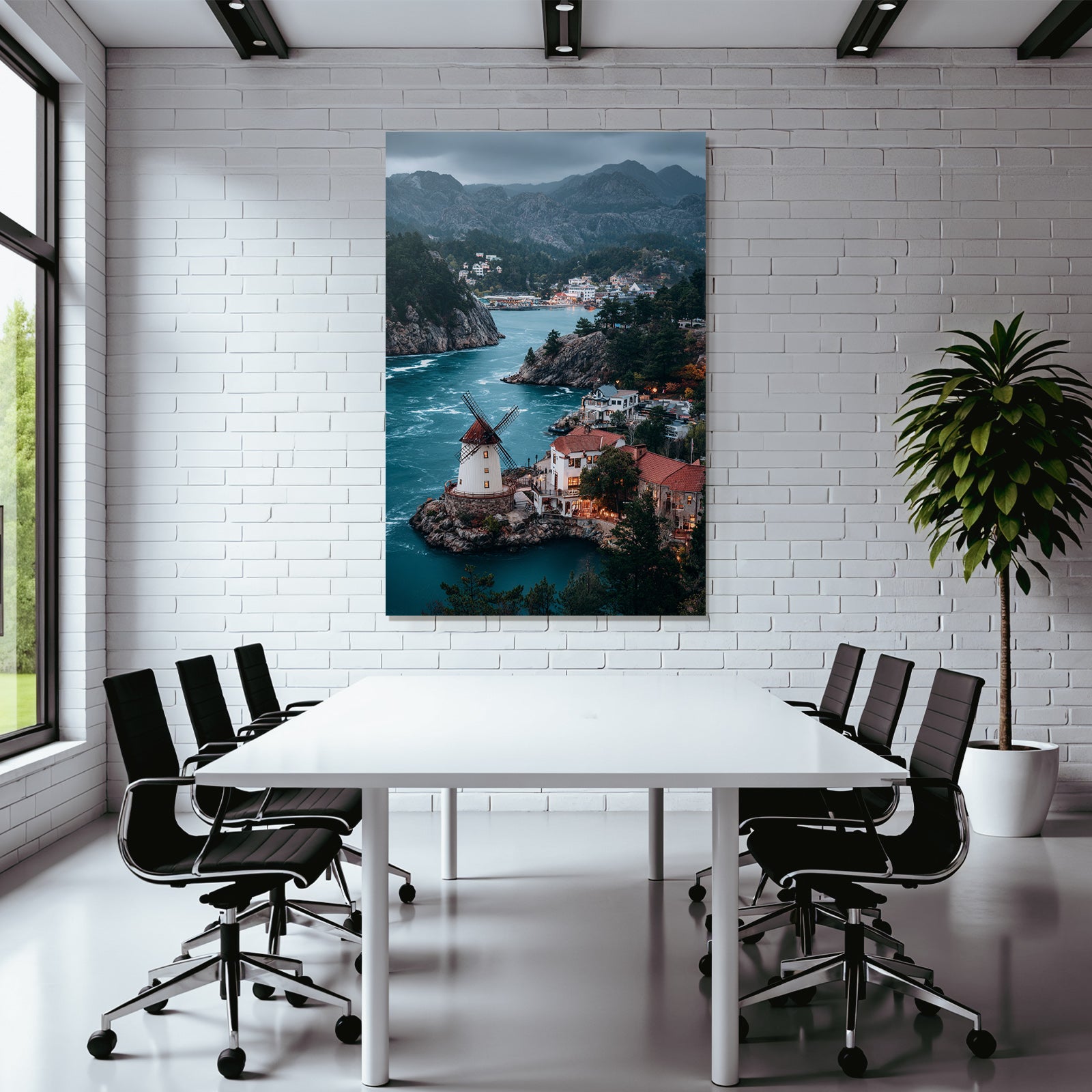 Windmühle Auf Steinigem Hügel Am Fluss Umgeben Von Bäumen Und Gebaüden Mountain View