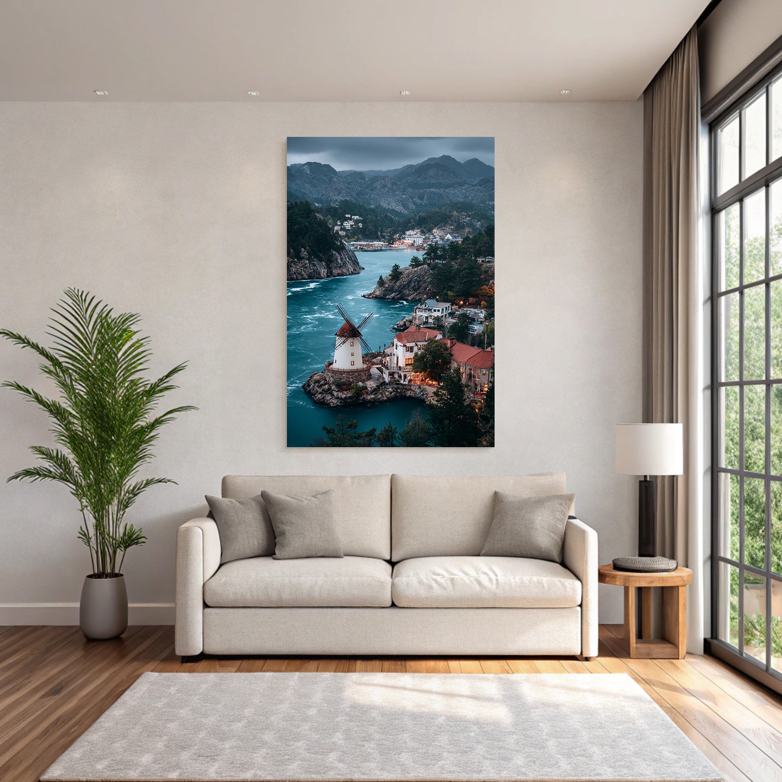 Windmühle Auf Steinigem Hügel Am Fluss Umgeben Von Bäumen Und Gebaüden Mountain View