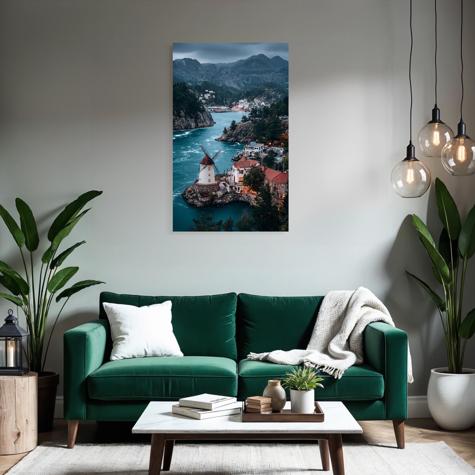 Windmühle Auf Steinigem Hügel Am Fluss Umgeben Von Bäumen Und Gebaüden Mountain View