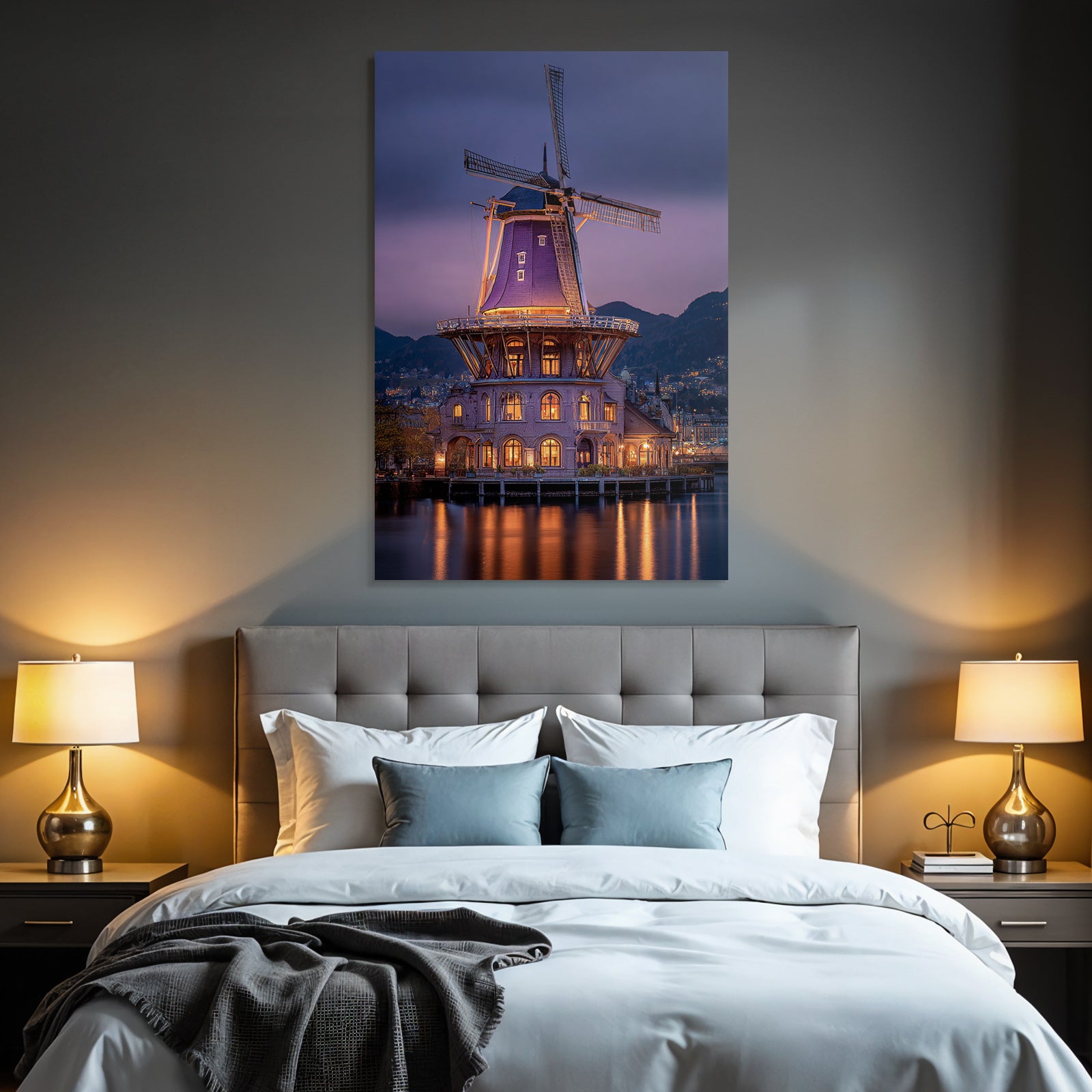 Windmühle Twilight Purple Illumination Reflections Landschaft