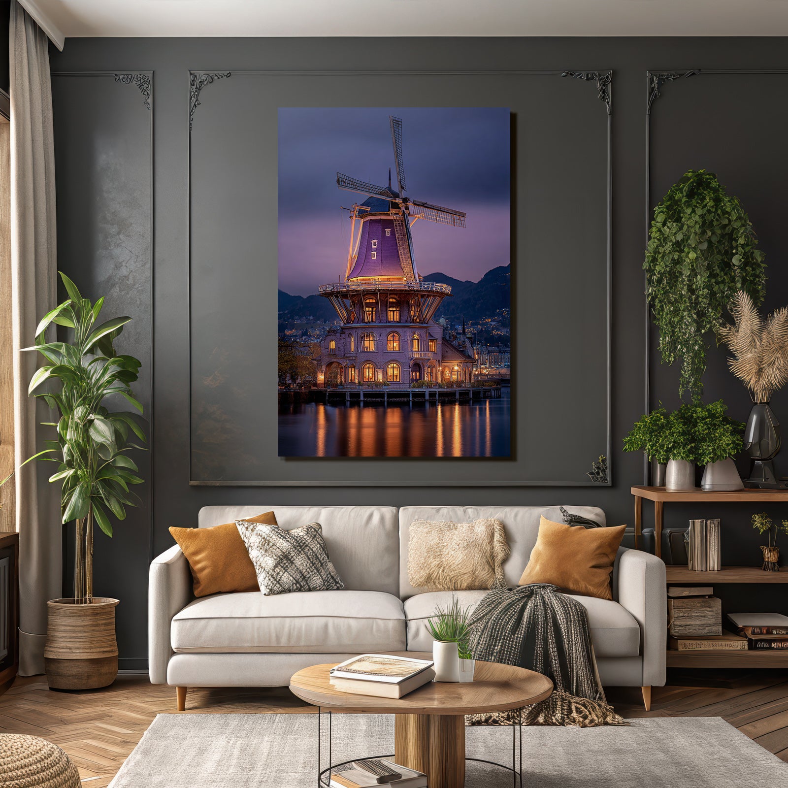 Windmühle Twilight Purple Illumination Reflections Landschaft