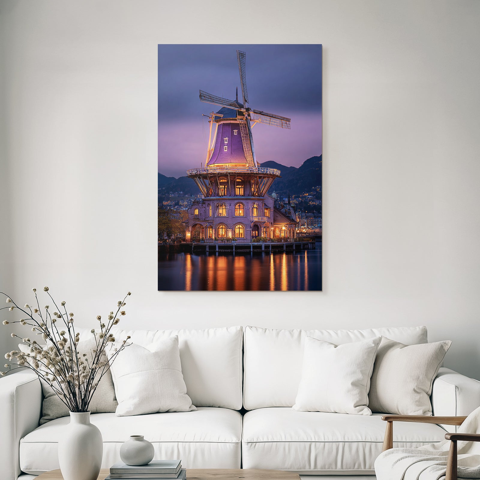 Windmühle Twilight Purple Illumination Reflections Landschaft