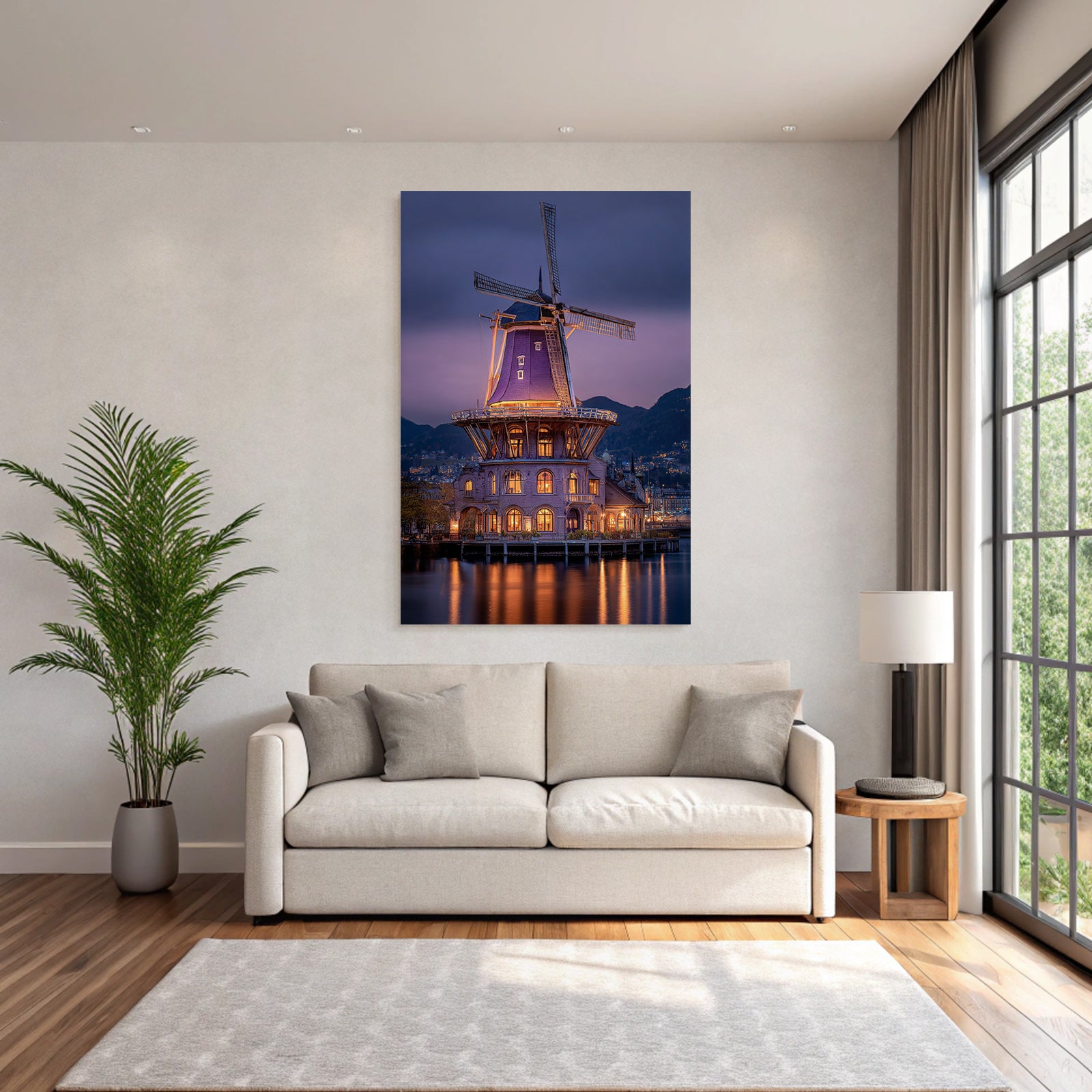 Windmühle Twilight Purple Illumination Reflections Landschaft