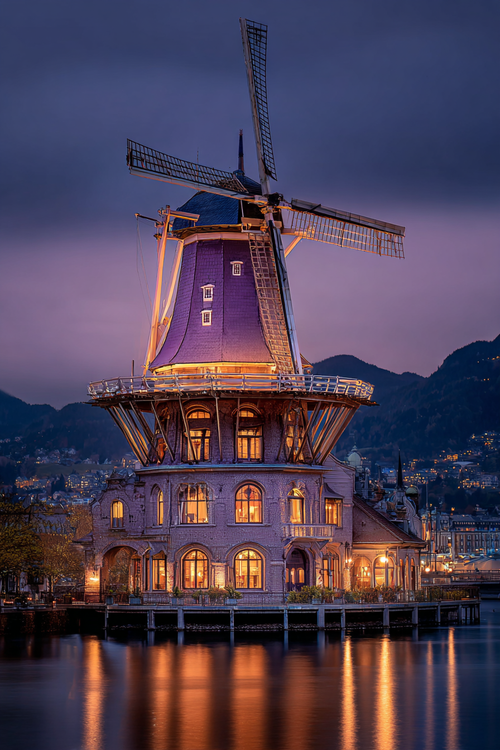 Windmühle Twilight Purple Illumination Reflections Landschaft | Windmuehlen Leuchttuerme Bruecken | Architektur