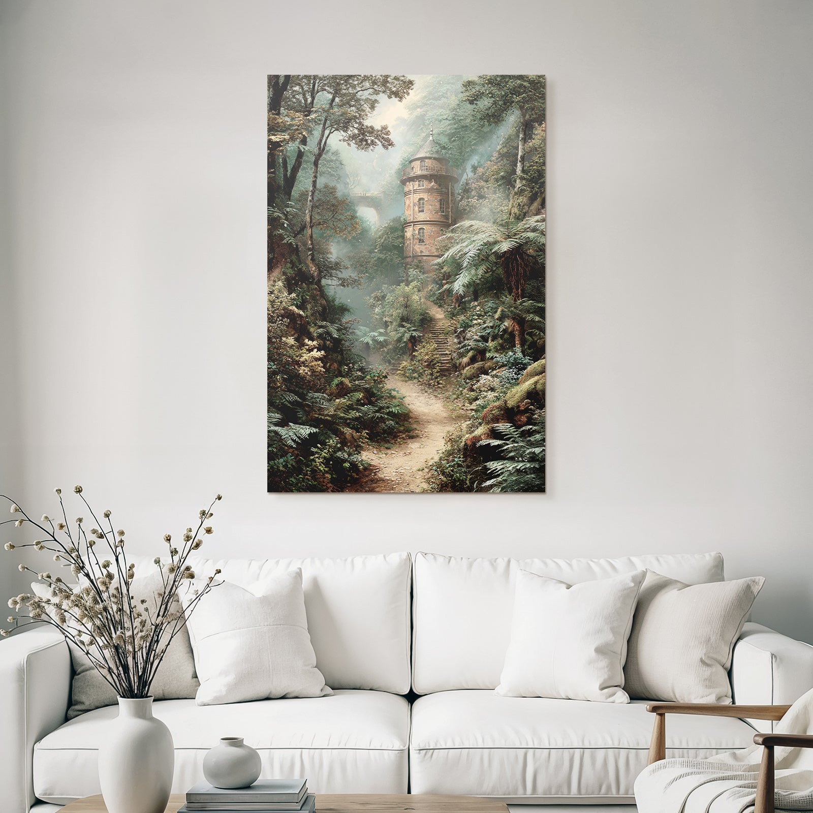 Zauberhafter Wald Mit Stone Tower Und Nebel Ruhige Atmosphäre