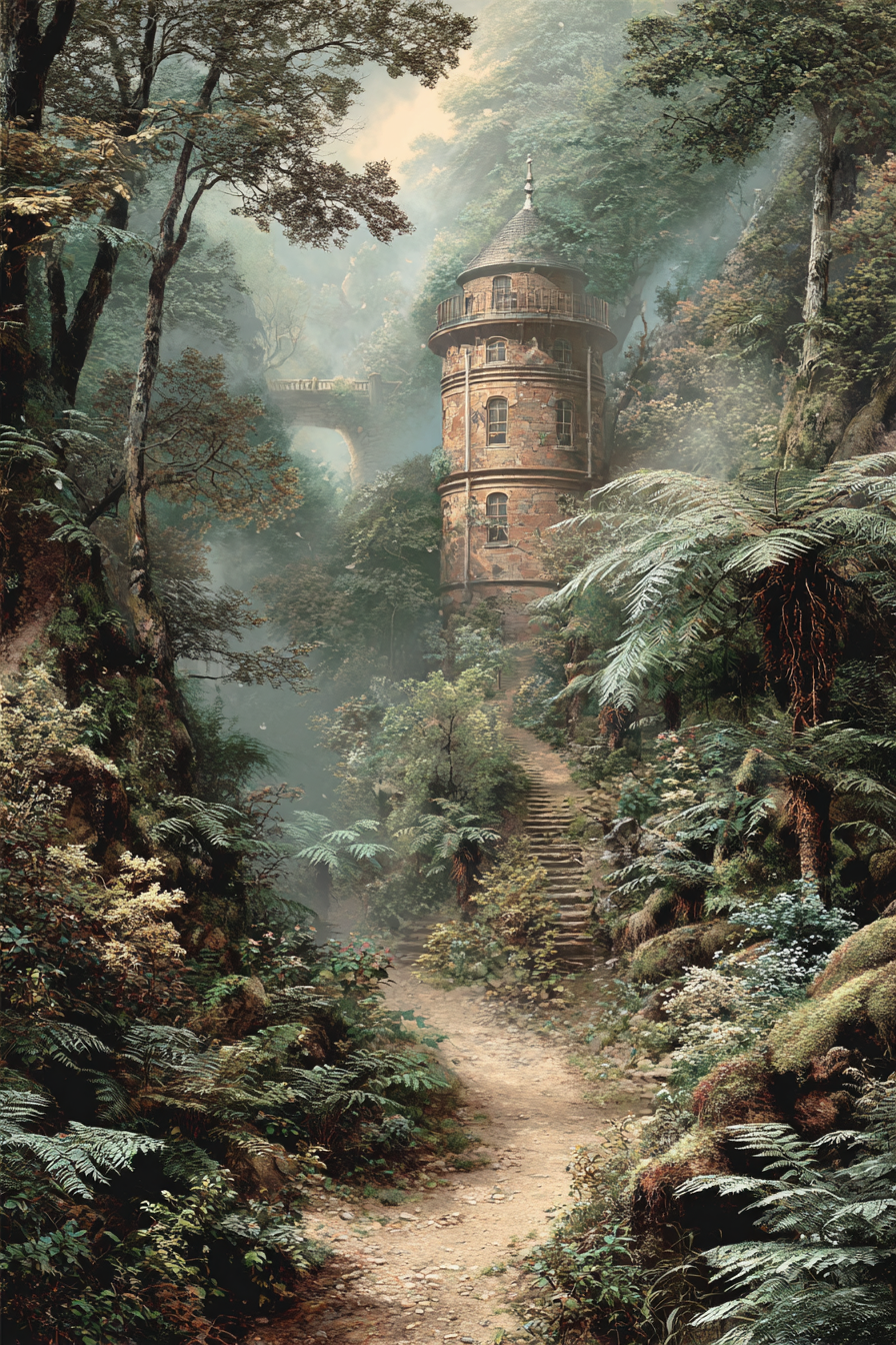 Zauberhafter Wald Mit Stone Tower Und Nebel Ruhige Atmosphäre | Windmuehlen Leuchttuerme Bruecken | Architektur
