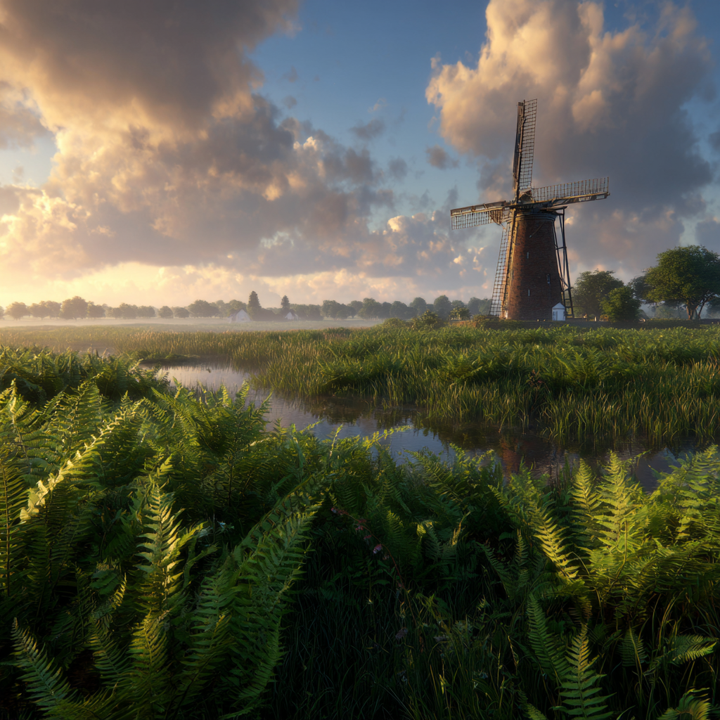 Friedliche Landschaft Mit Windmühle Und Gewasser | Windmuehlen Leuchttuerme Bruecken | Architektur