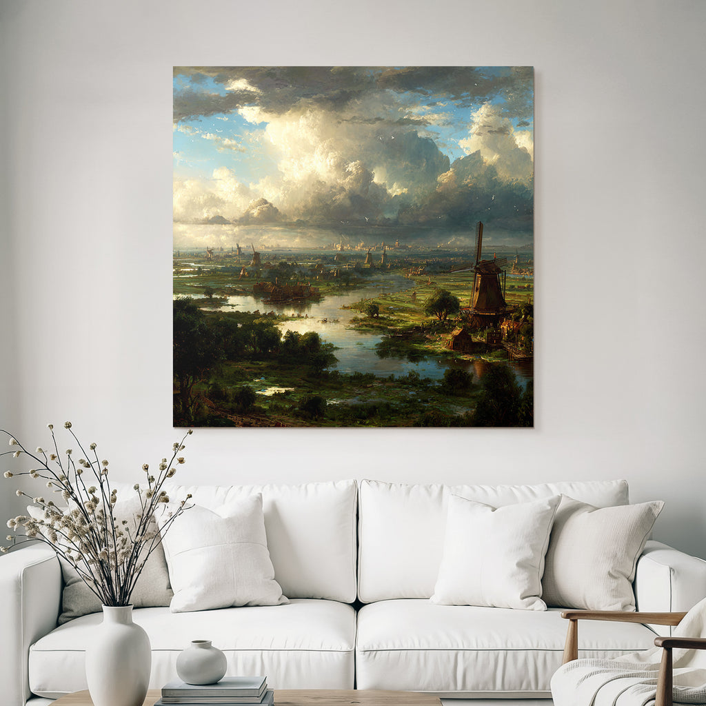 Idyllische Landschaft Mit Fluss Grünflächen Und Windmühlen