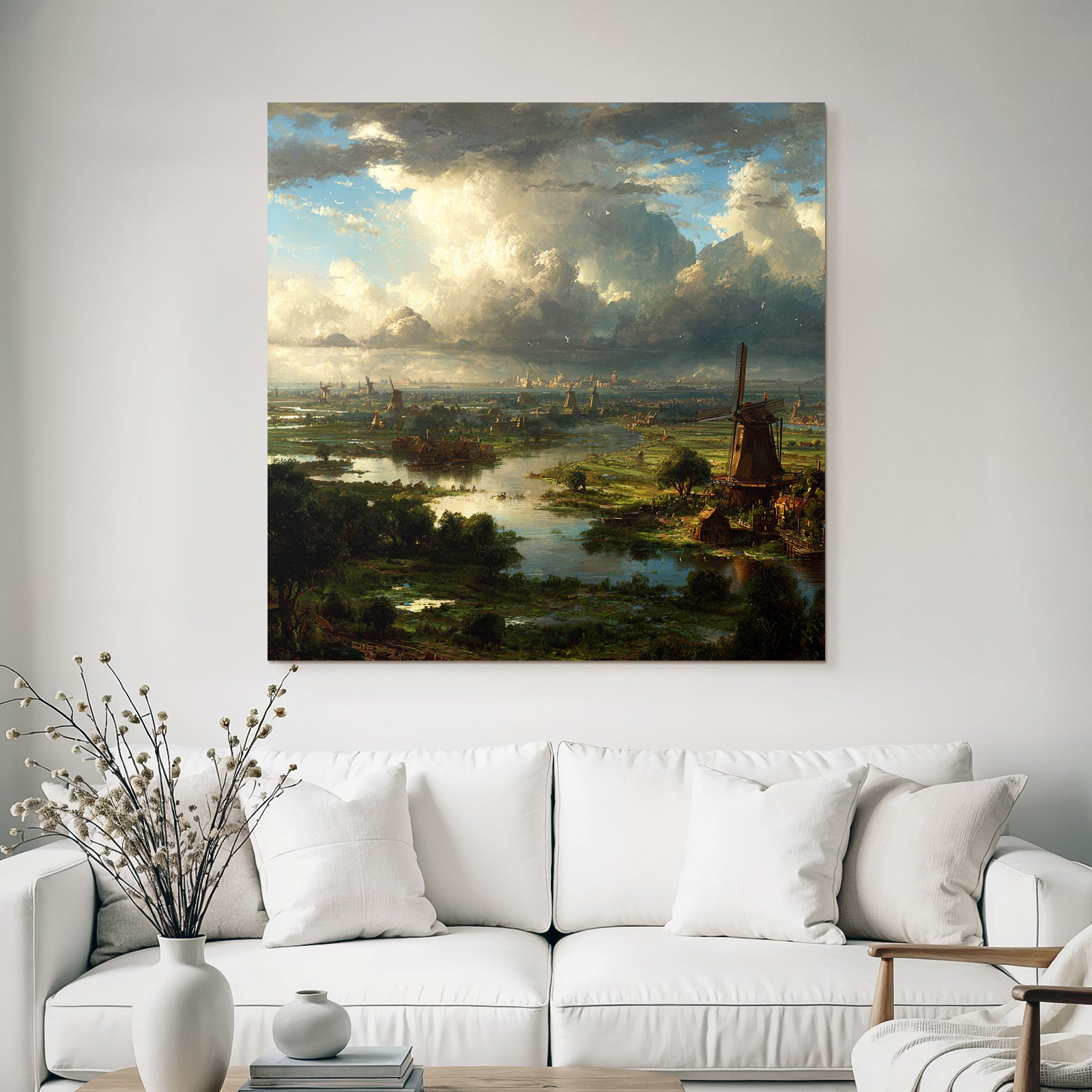 Idyllische Landschaft Mit Fluss Grünflächen Und Windmühlen
